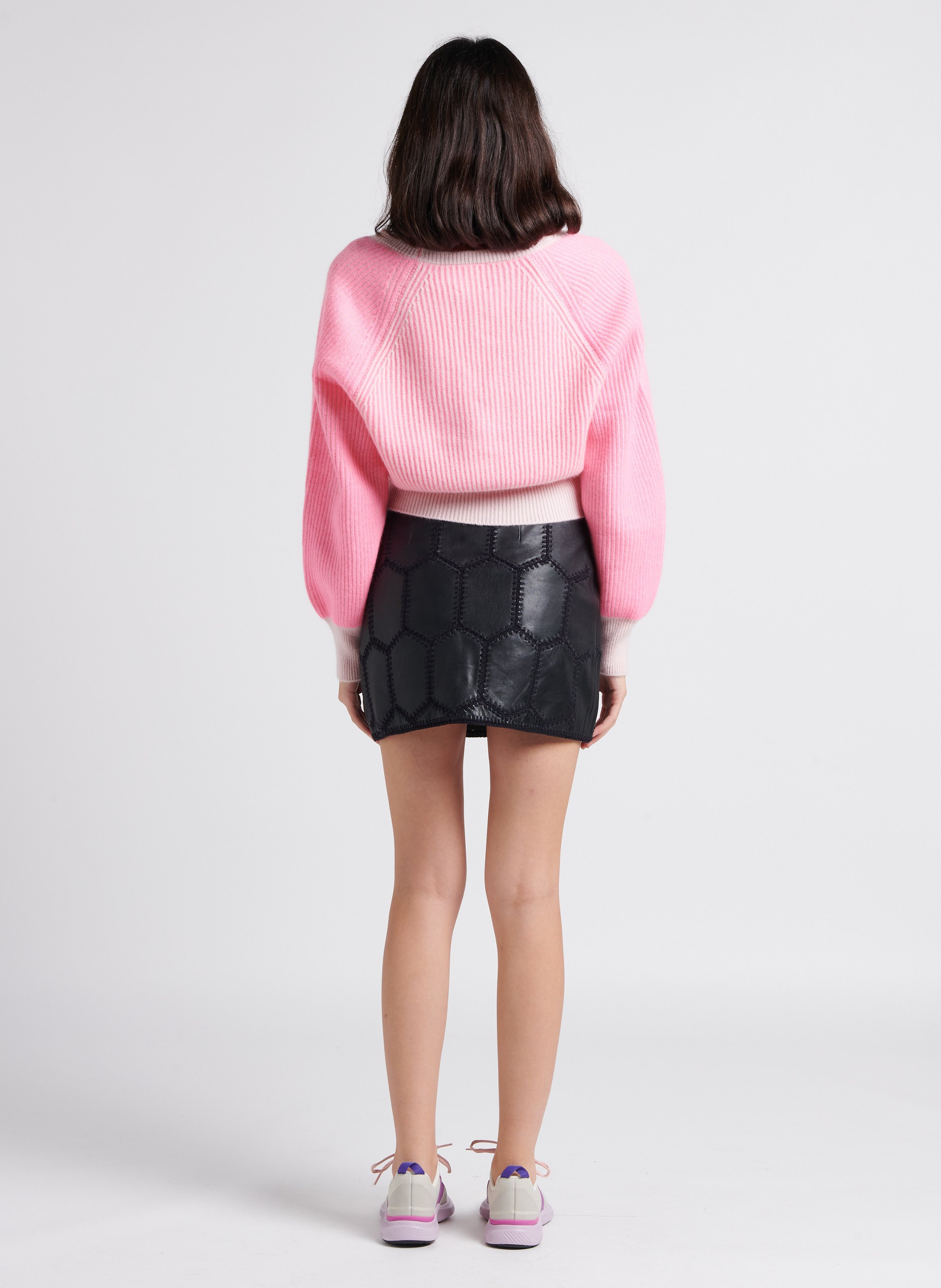 Short V-neck striped cashmere cardigan CRUSH Pink