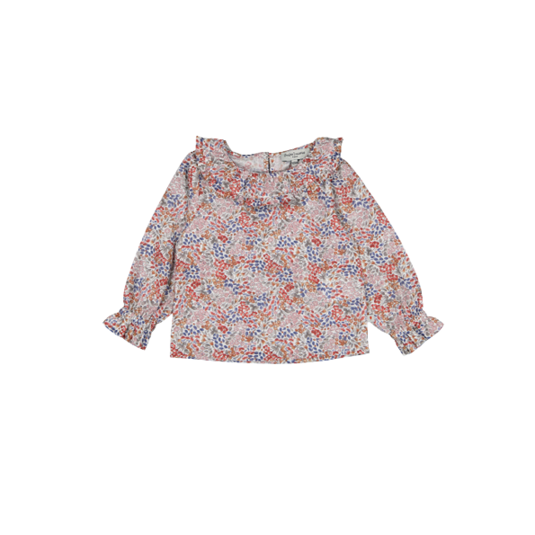 Printed organic cotton frill neck blouse AMBRE Rosewood flower