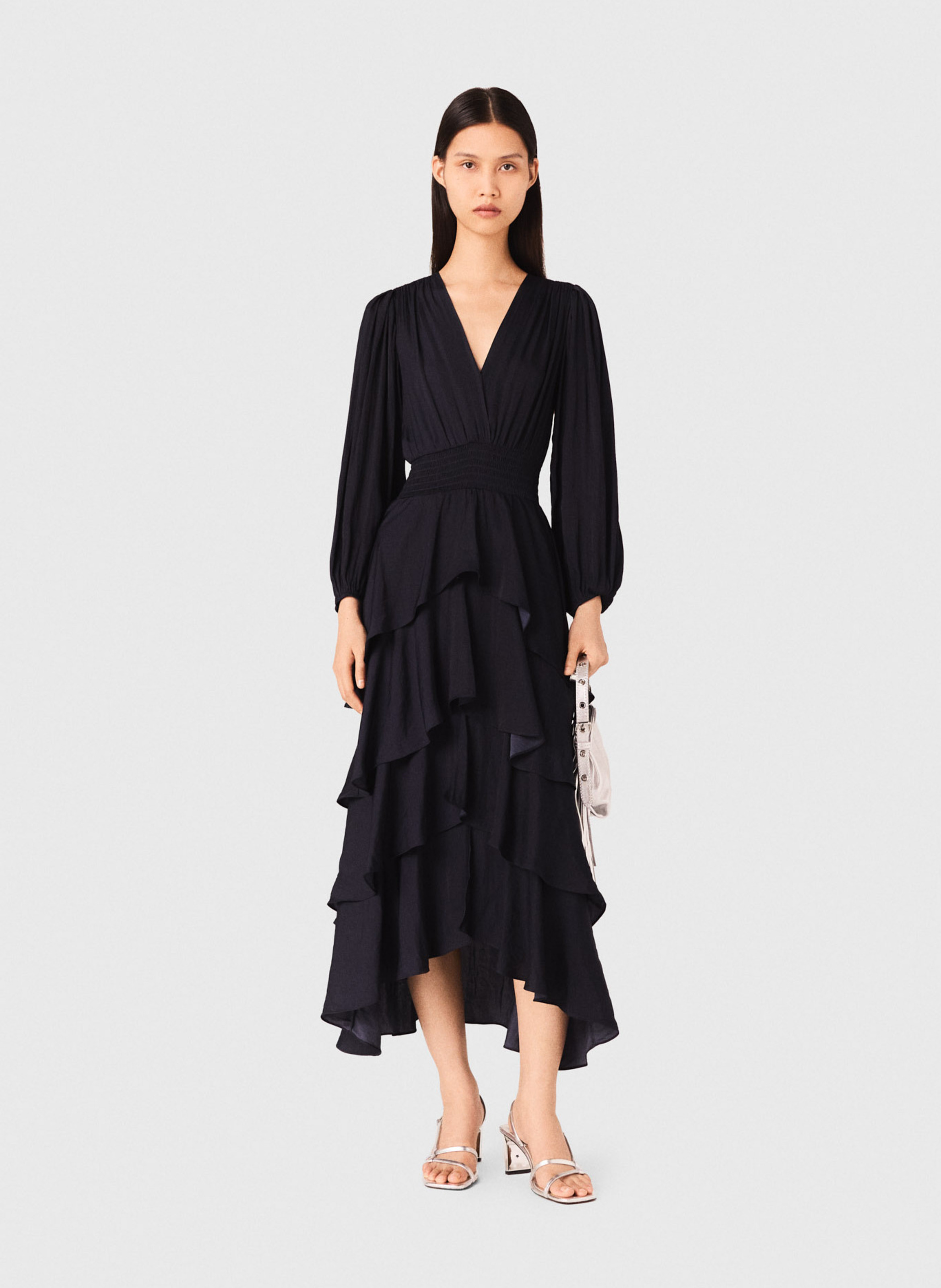 Robe longue col V à volants  MAJE Bleu