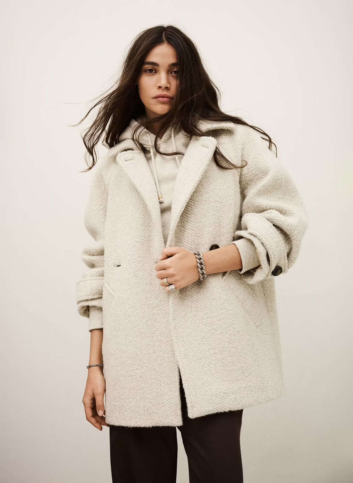 Wijde mantel met visgraatpatroon van gemengde wol BA&SH Beige