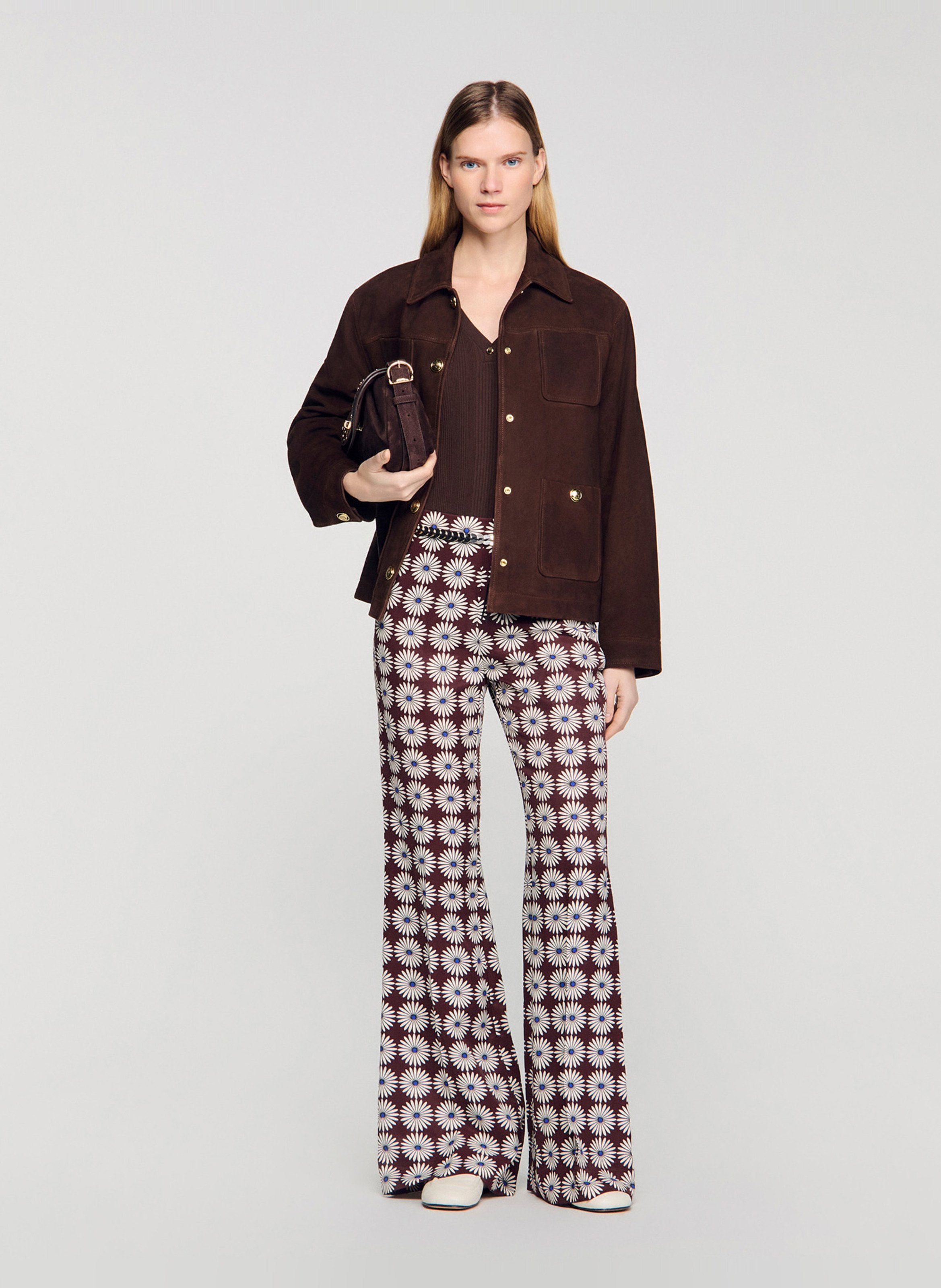 Broek met uitlopende pijpen en bloemenprint SANDRO Bruin