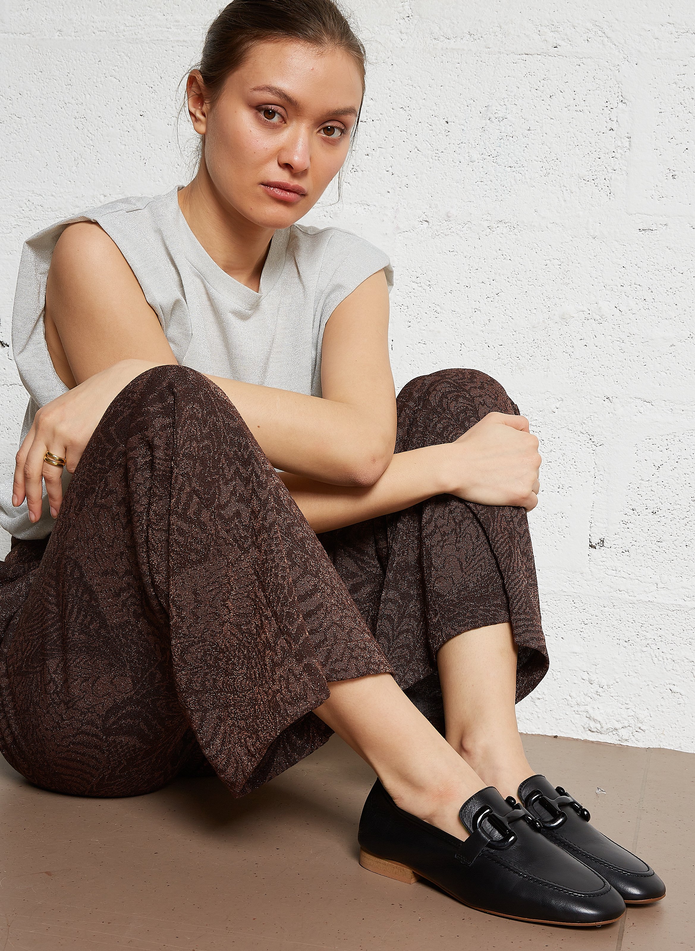 Wide-leg printed jacquard pants Brown