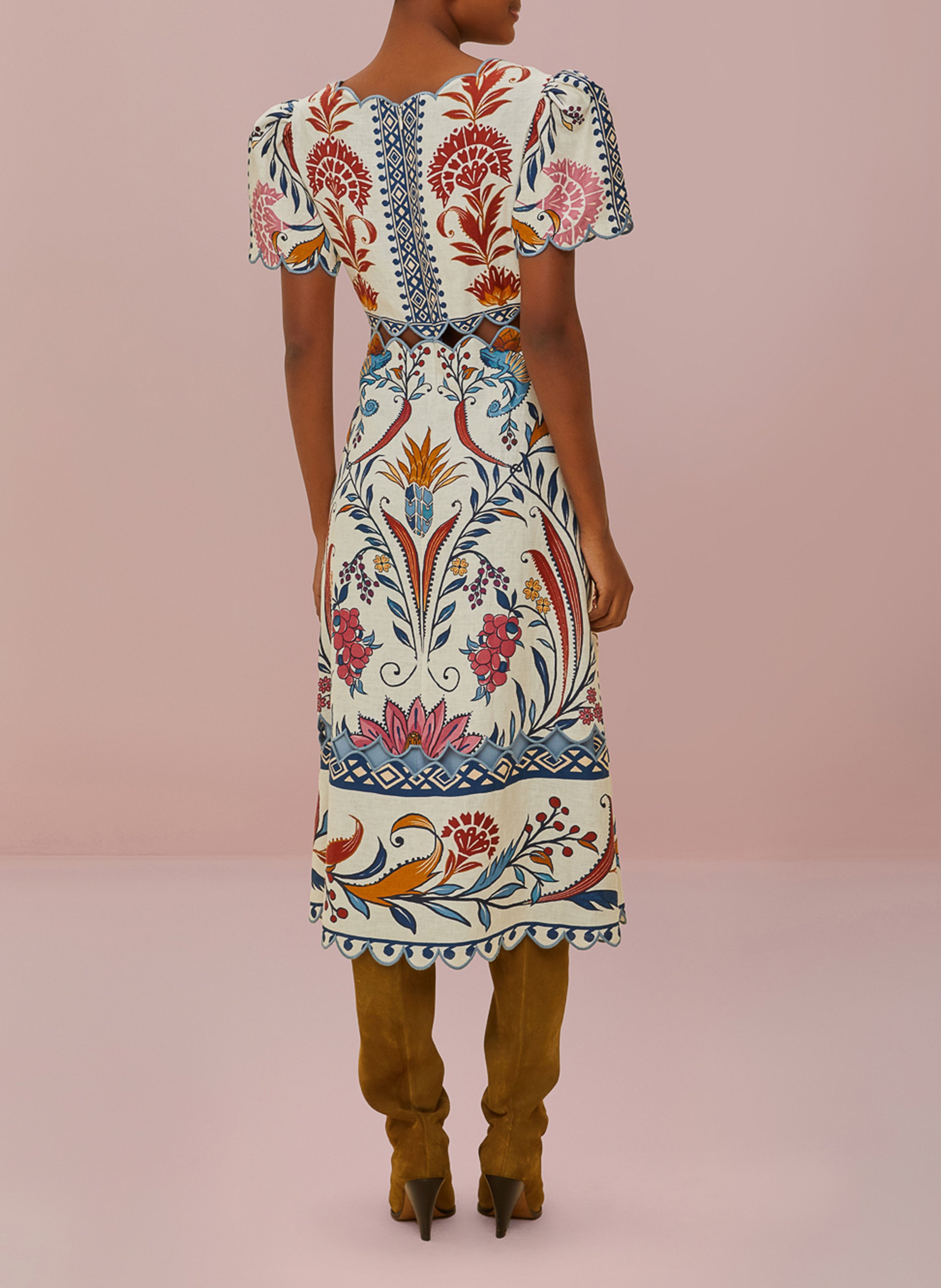 Long printed round-neck dress Beige