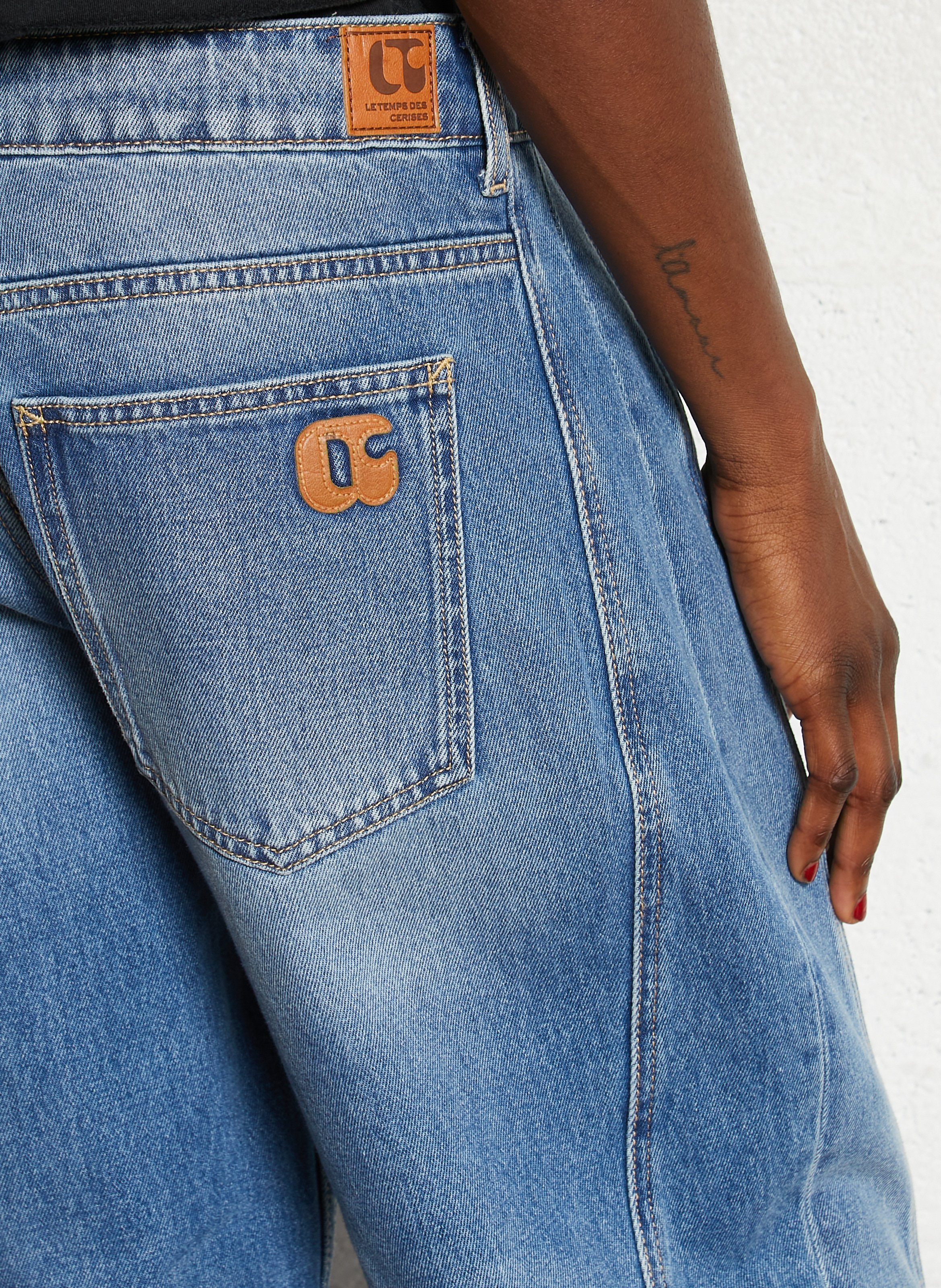 Jean large taille haute à revers  LE TEMPS DES CERISES Bleu