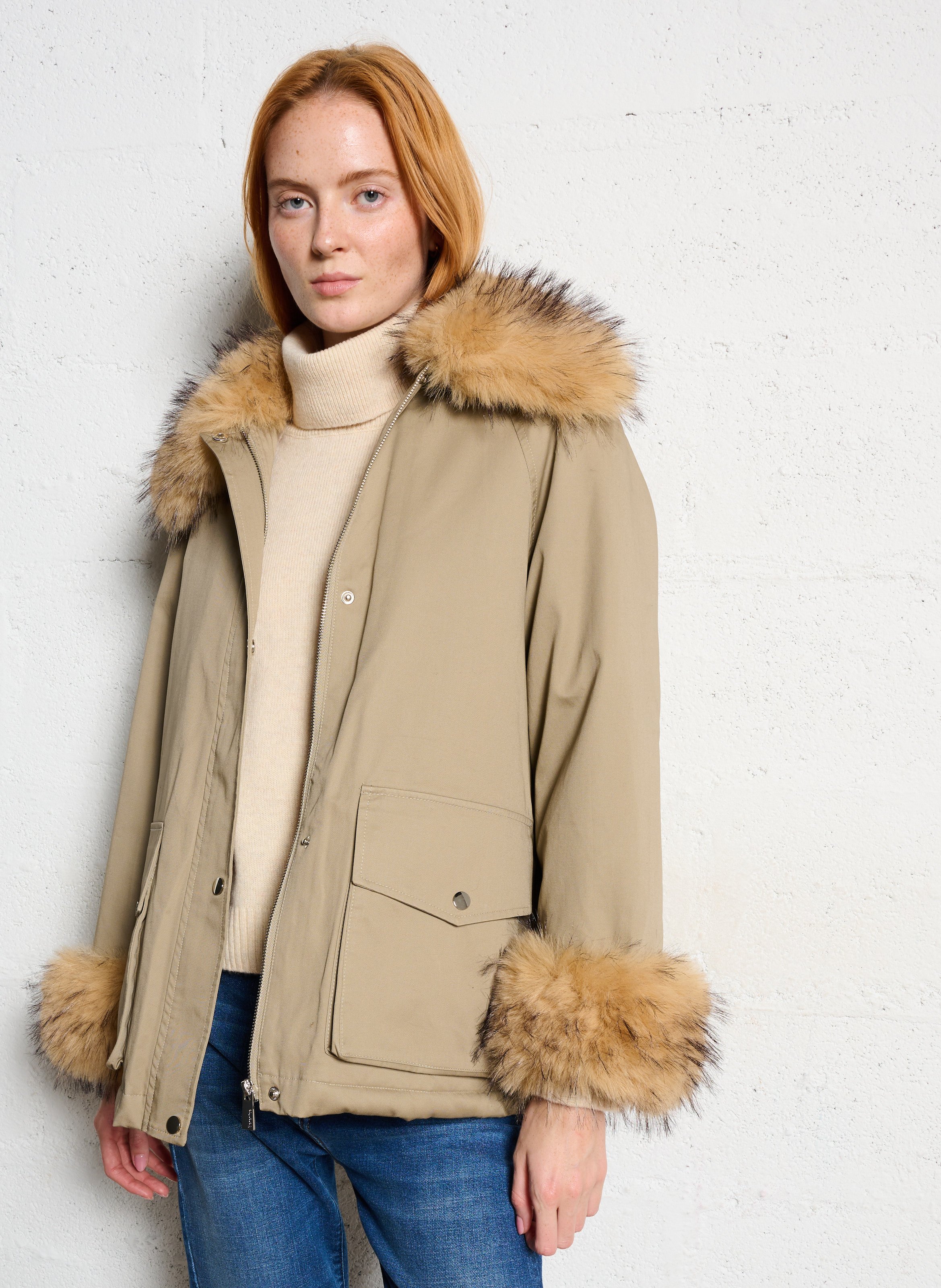 Parka col montant en fourrure synthétique BERENICE Kaki