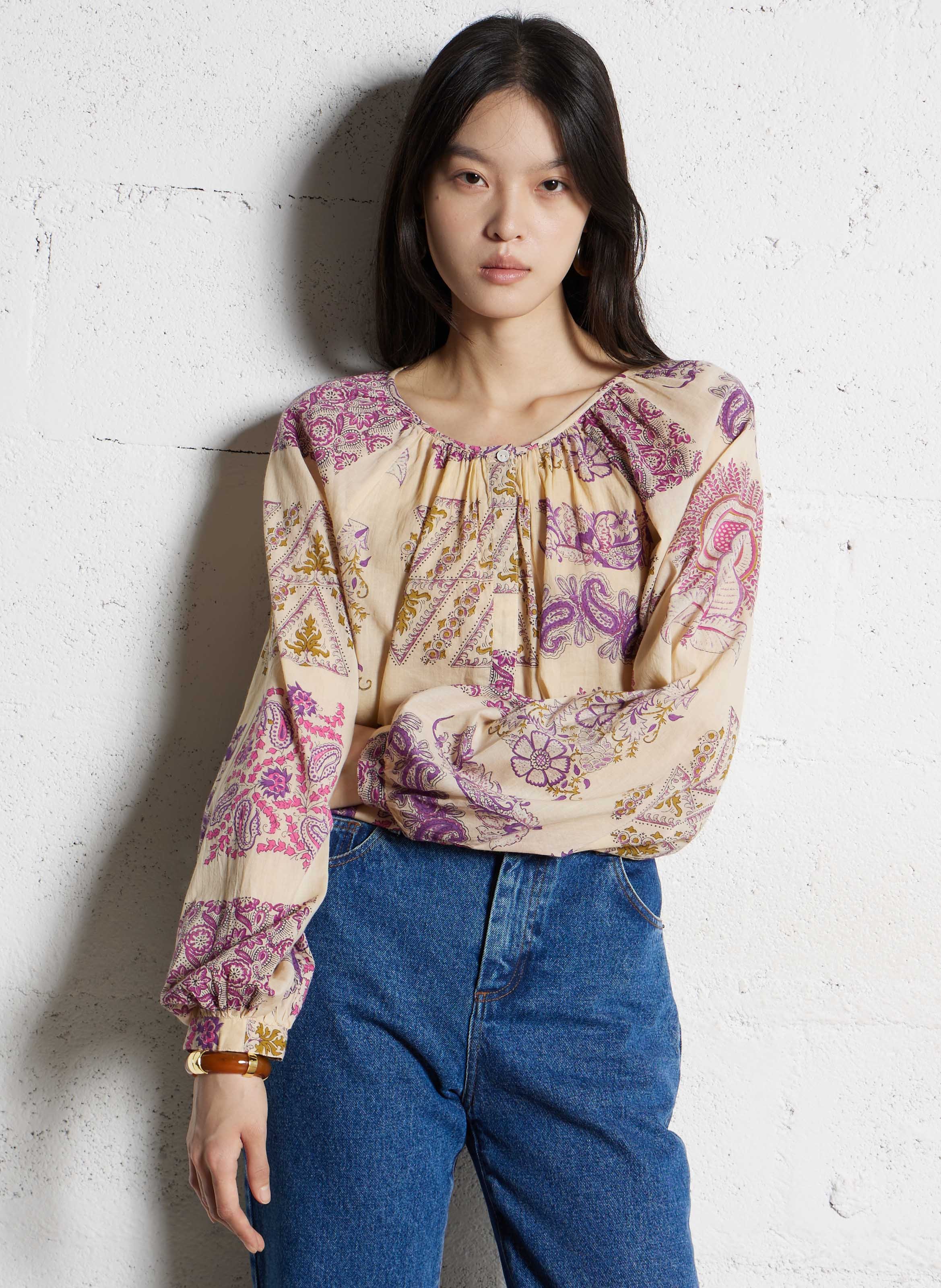 Ruimvallende, katoenen top met print ANTIK BATIK Beige