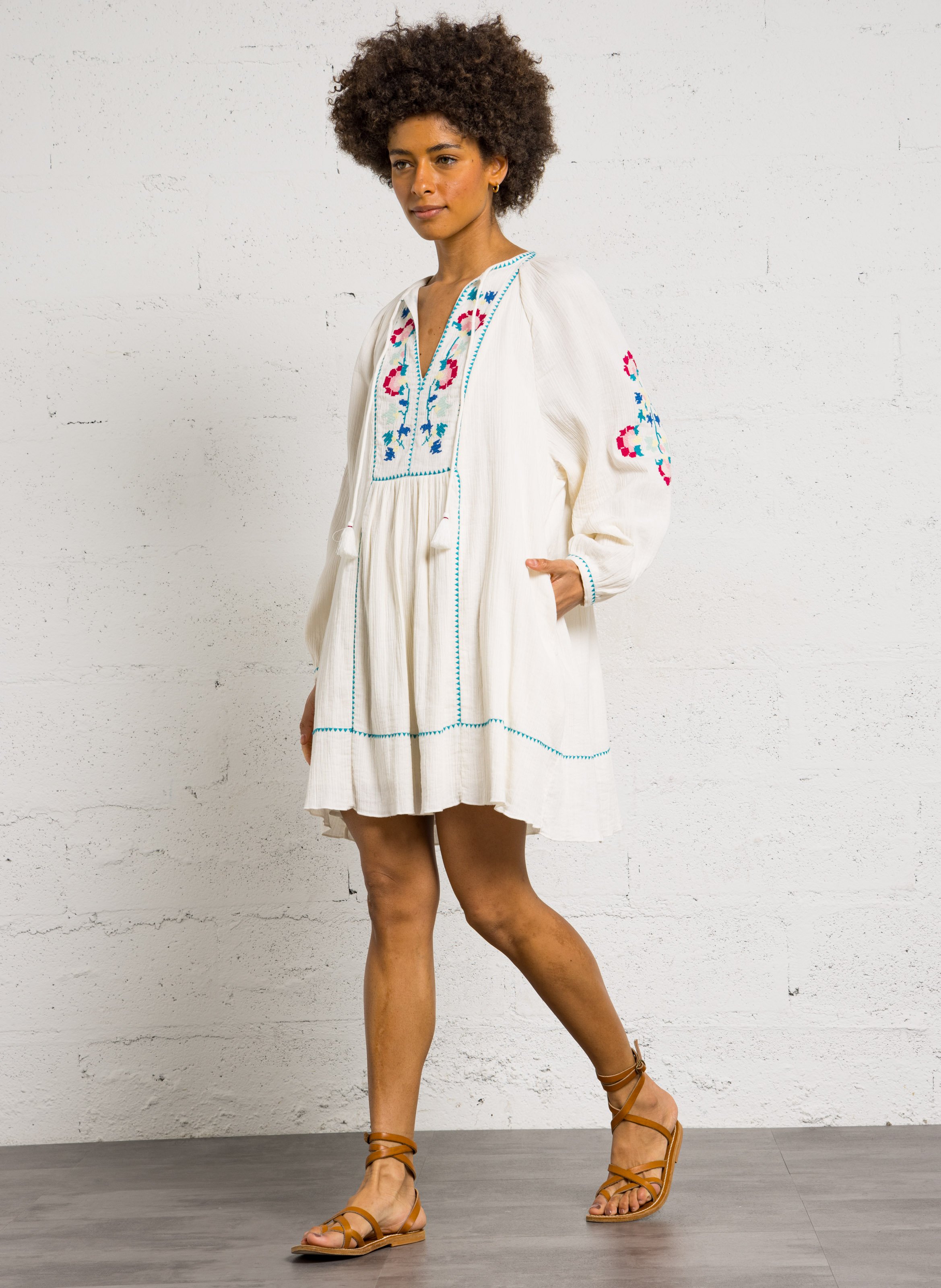 Short dress with Tunisian collar in embroidered organic cotton LOUISE MISHA White