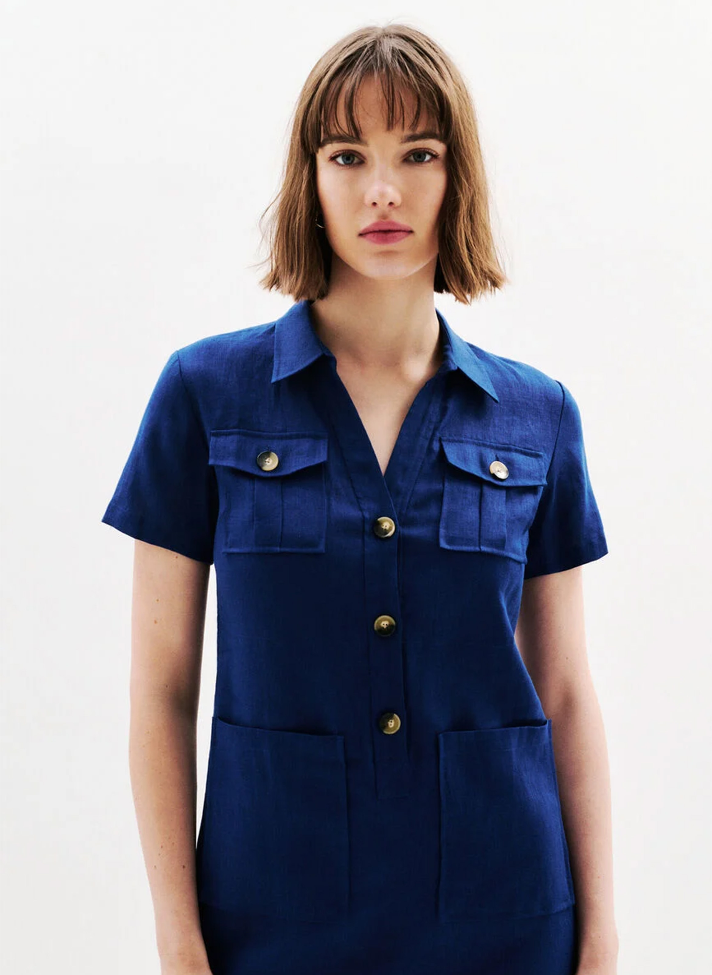 Korte, rechte, linnen jurk met knoopsluiting CAROLL Blauw