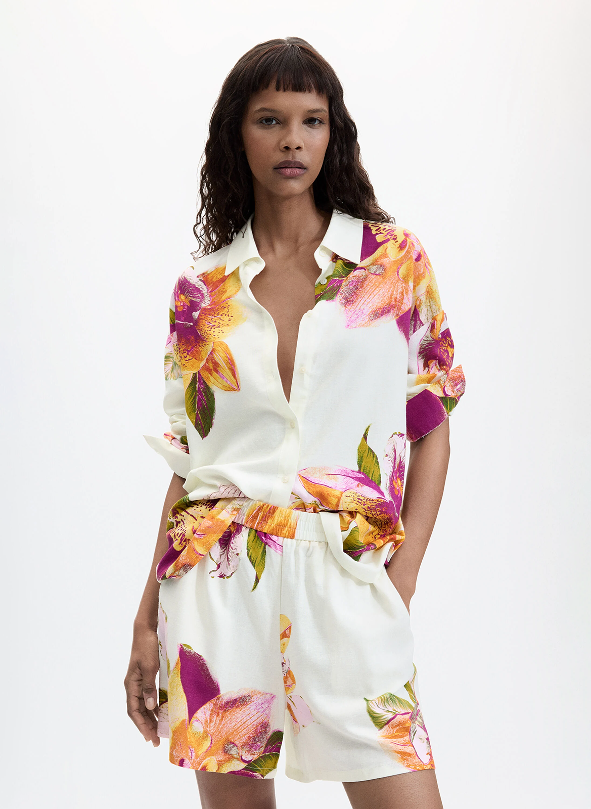 Korte grote bloemen hoge taille DESIGUAL Wit