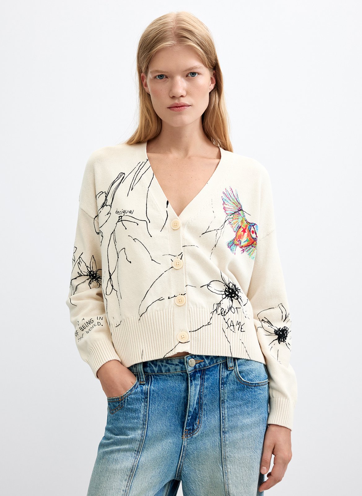 Gilet oversize col V e, coton mélangé imprimé DESIGUAL Blanc