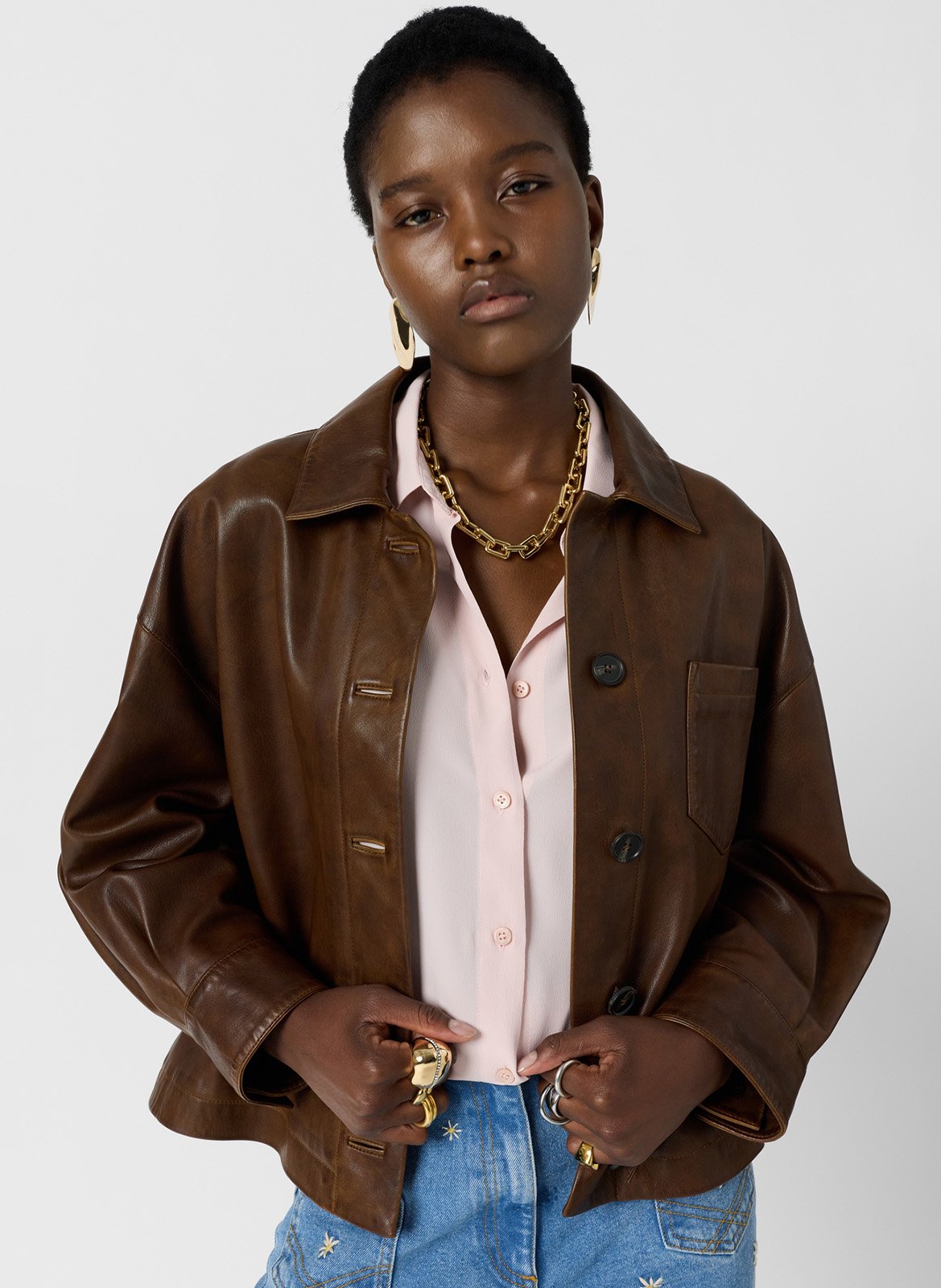 Veste col classique en cuir GERARD DAREL Marron