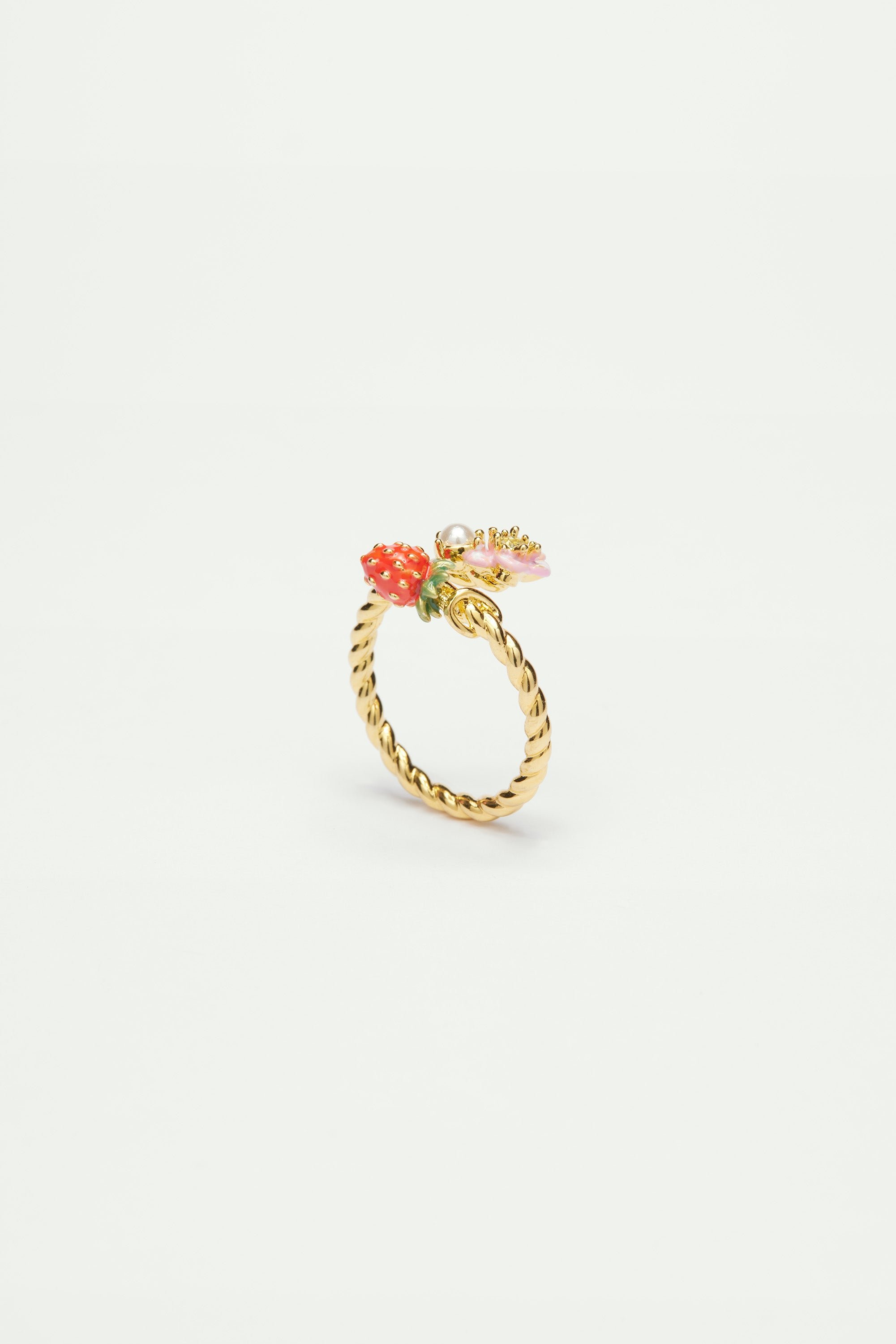 Wild strawberry and flower adjustable ring LES NEREIDES Multicolored