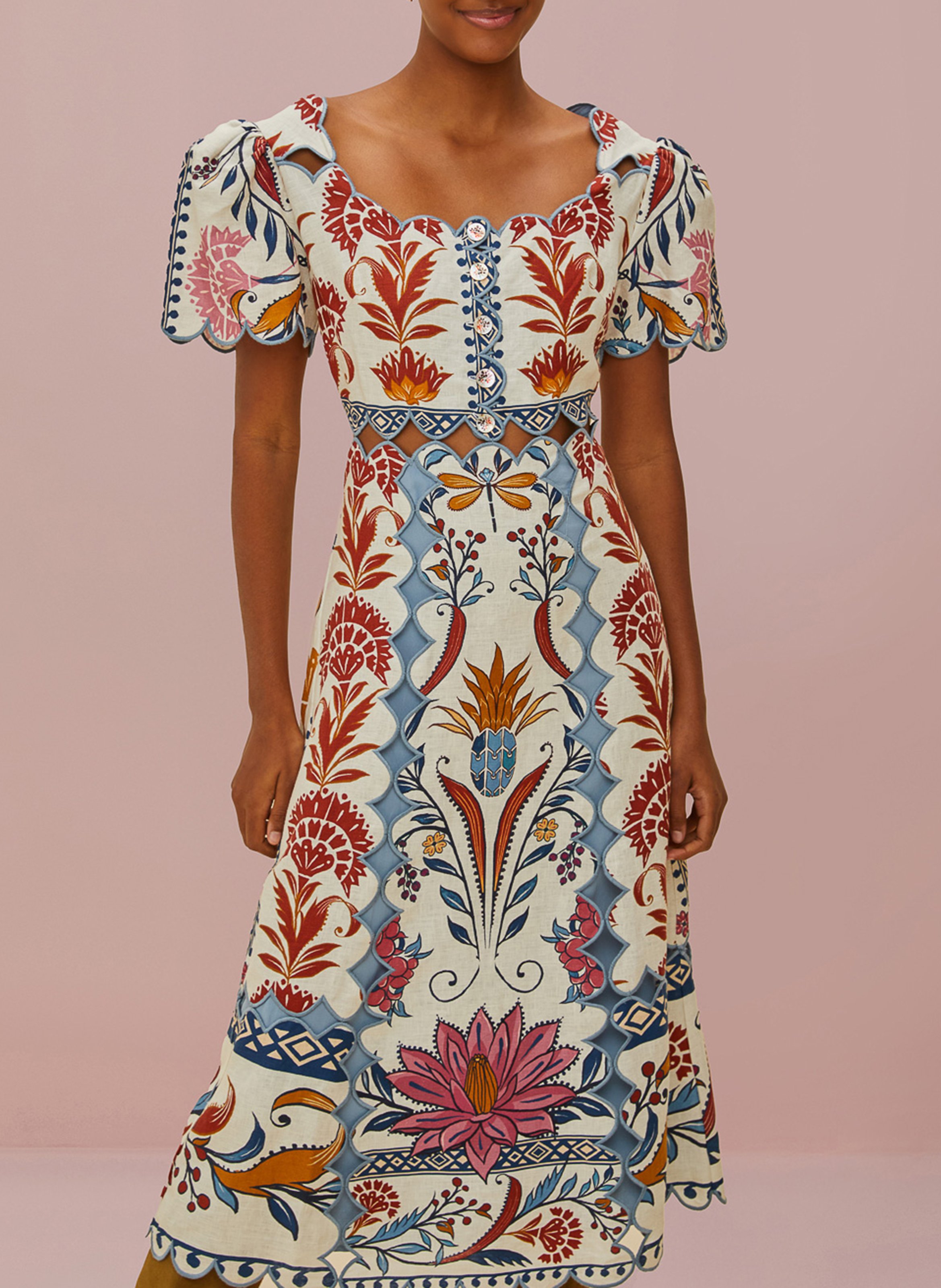 Long printed round-neck dress Beige