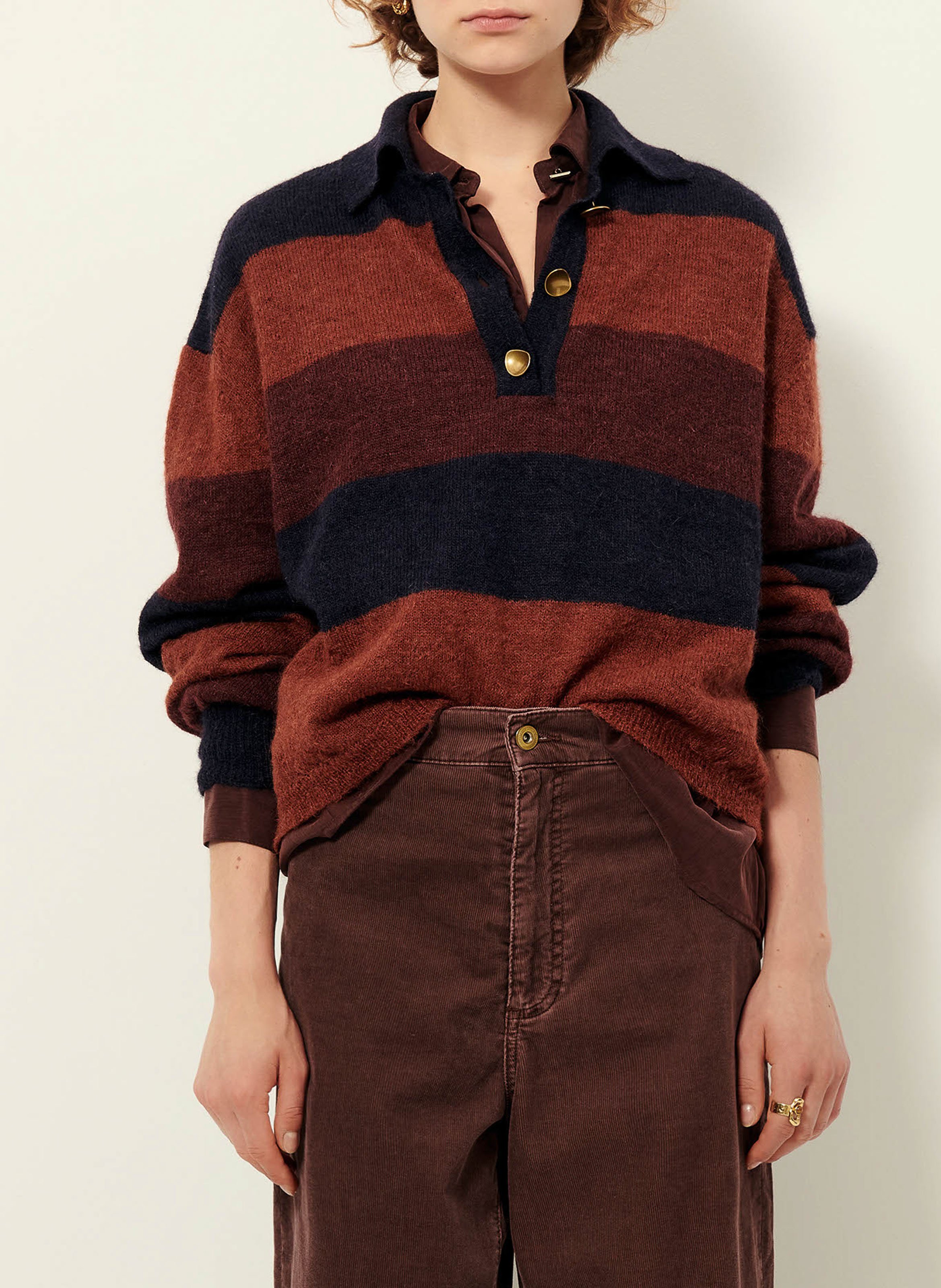 Pull ample col polo rayé en alpaga mélangé SESSUN Bleu