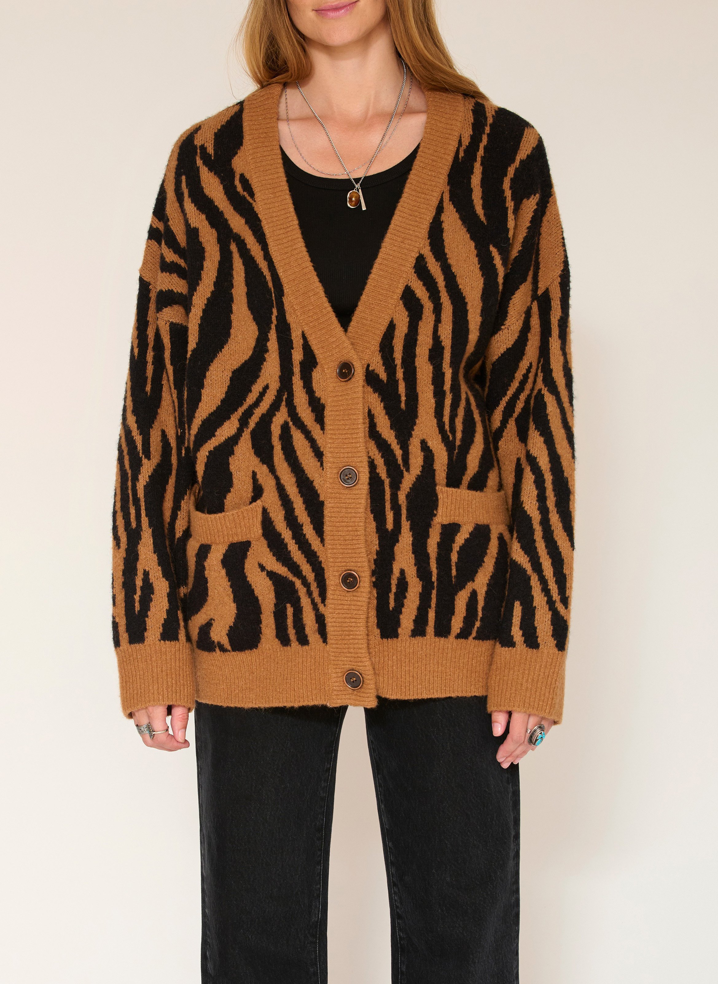 Oversized V-neck zebra print vest MKT Brown