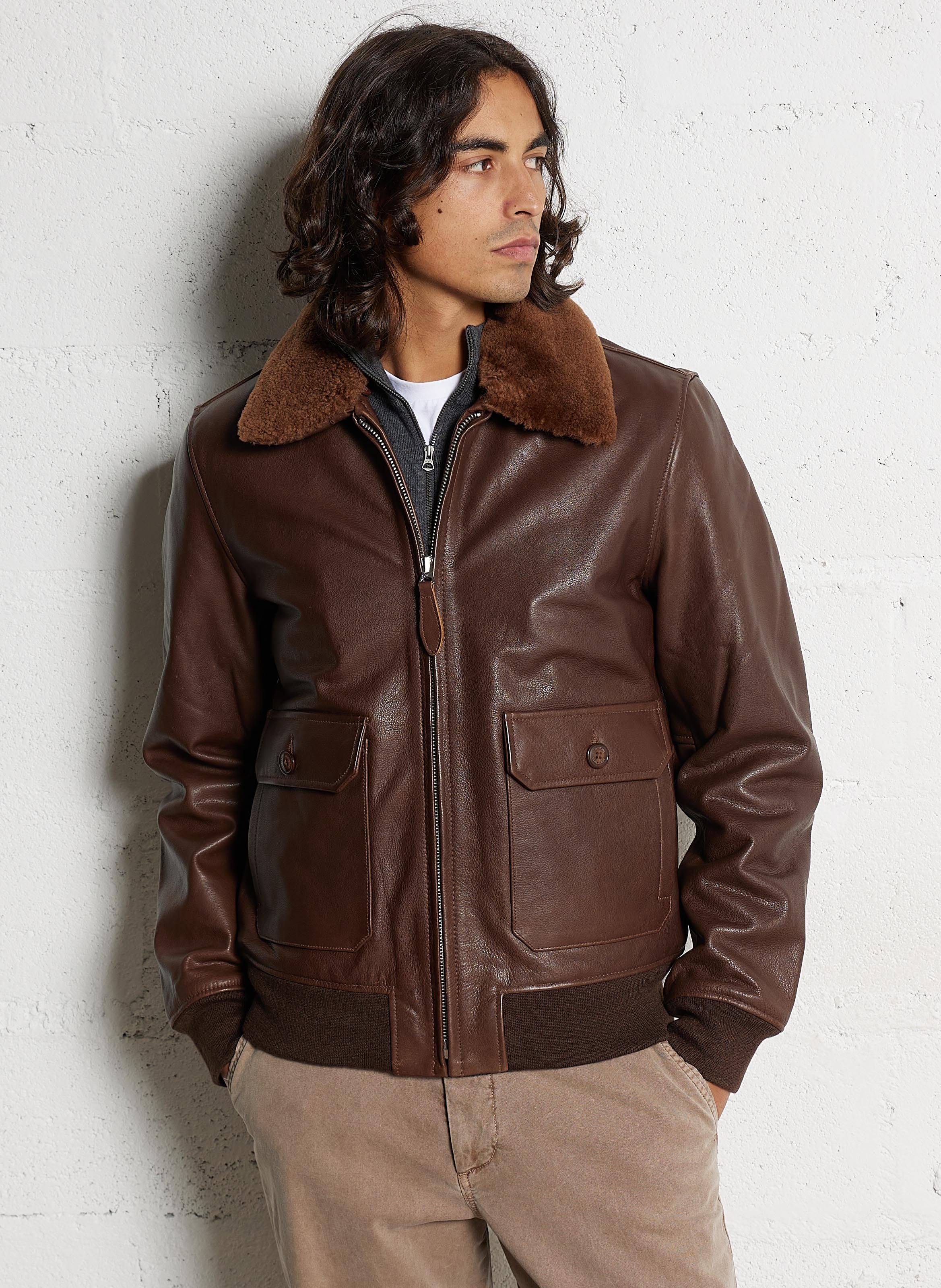 Blouson col classique en cuir SCHOTT Marron