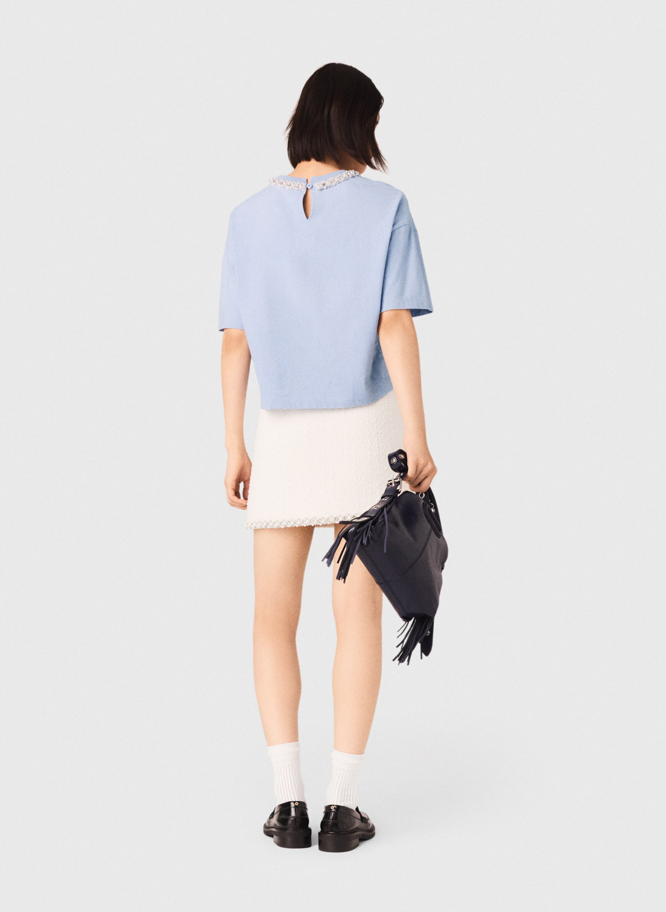 Tee-shirt boxy court à col bijou MAJE Bleu