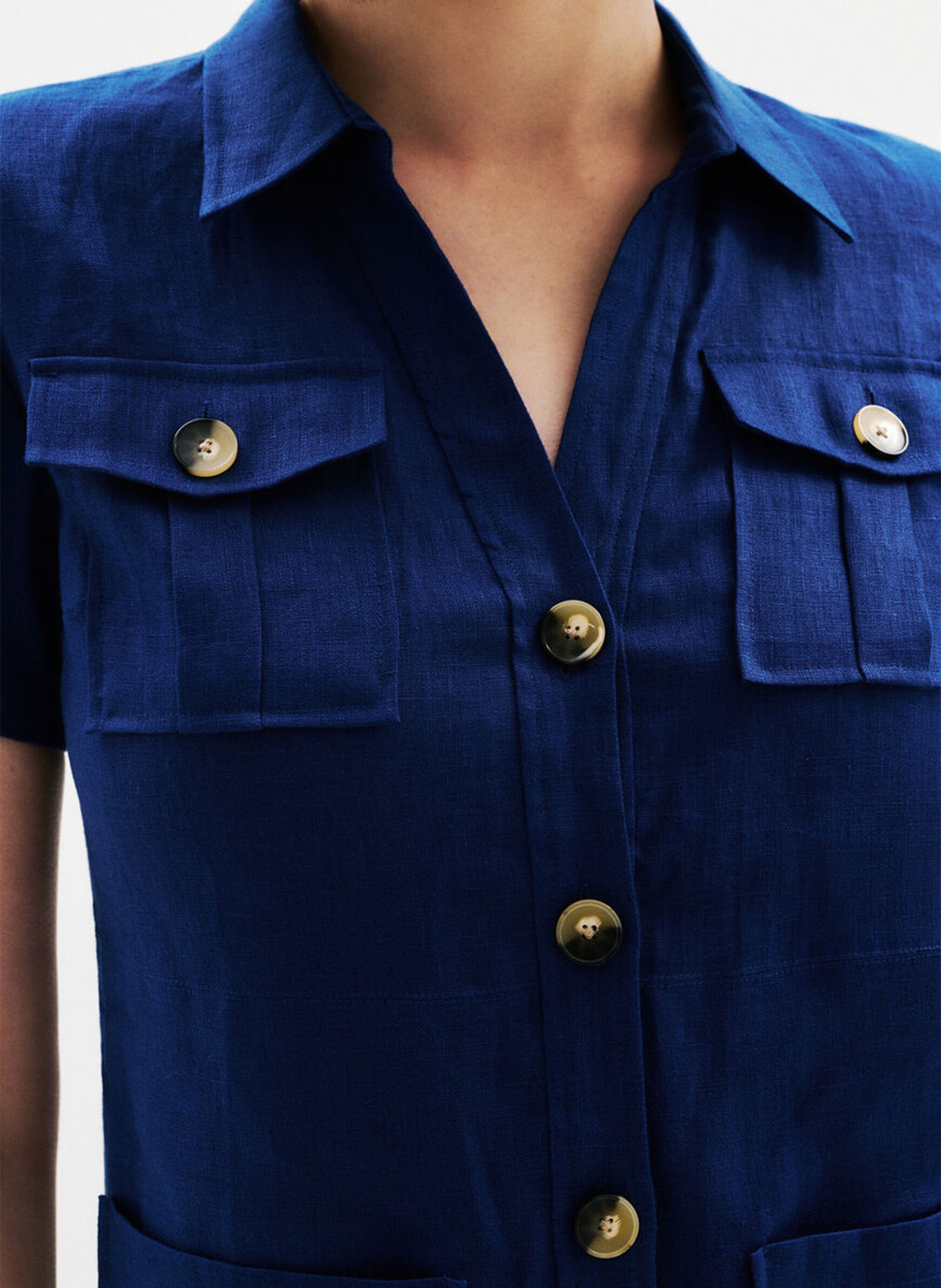 Korte, rechte, linnen jurk met knoopsluiting CAROLL Blauw