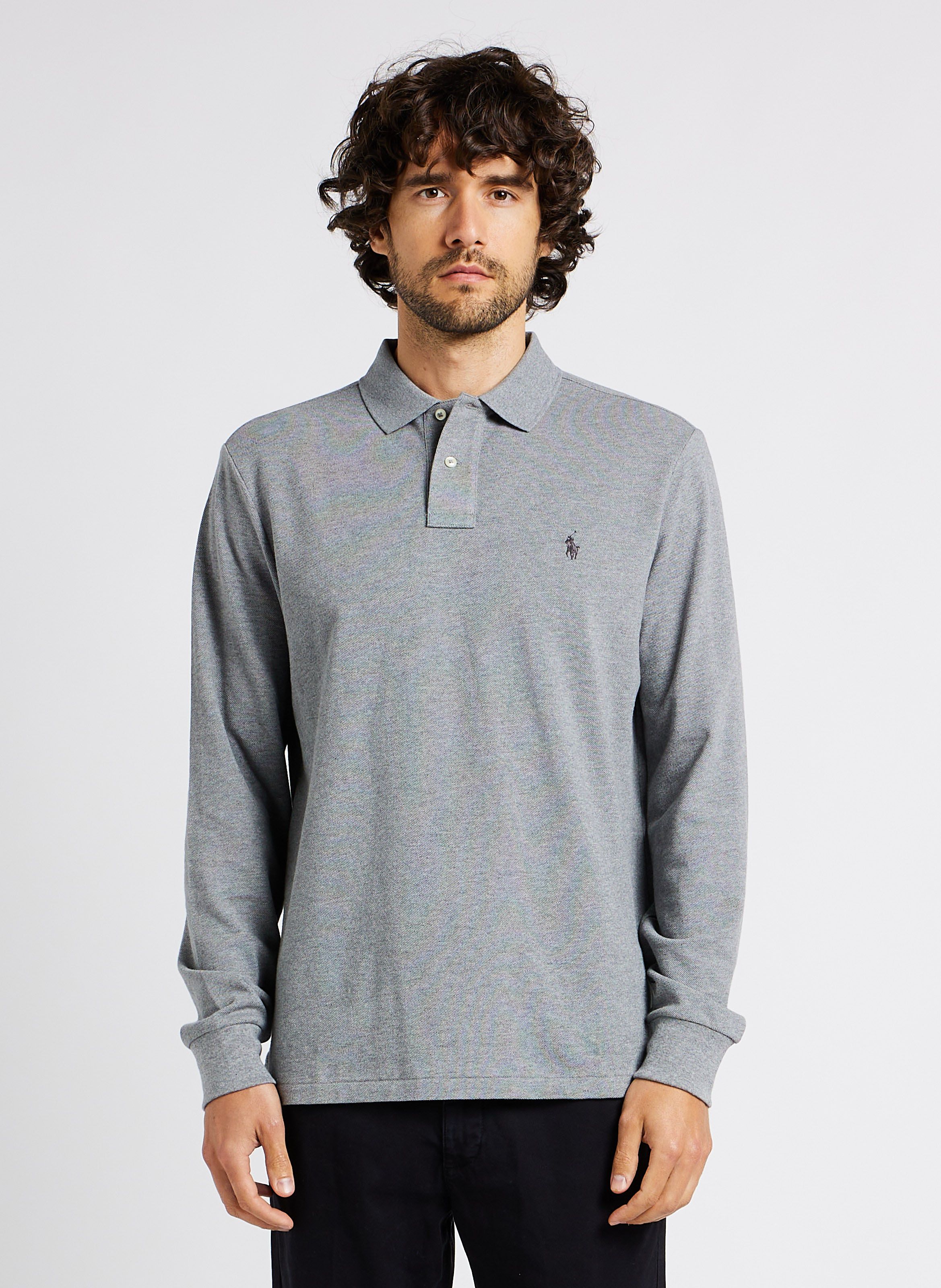 Polo manches longues regular fit en piqu de coton Gris