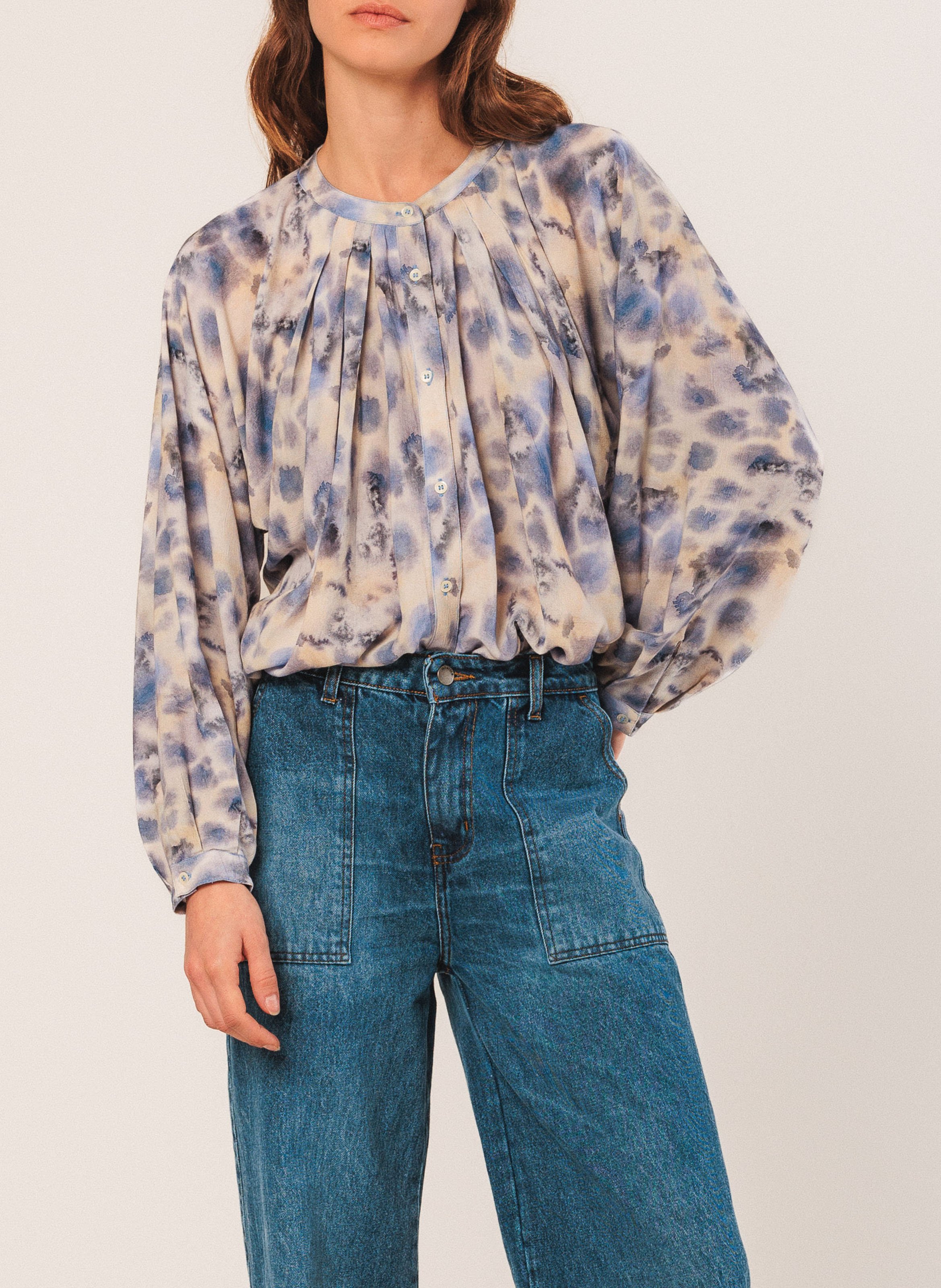 Blouse col rond plissée aquarelle INDI & COLD Bleu