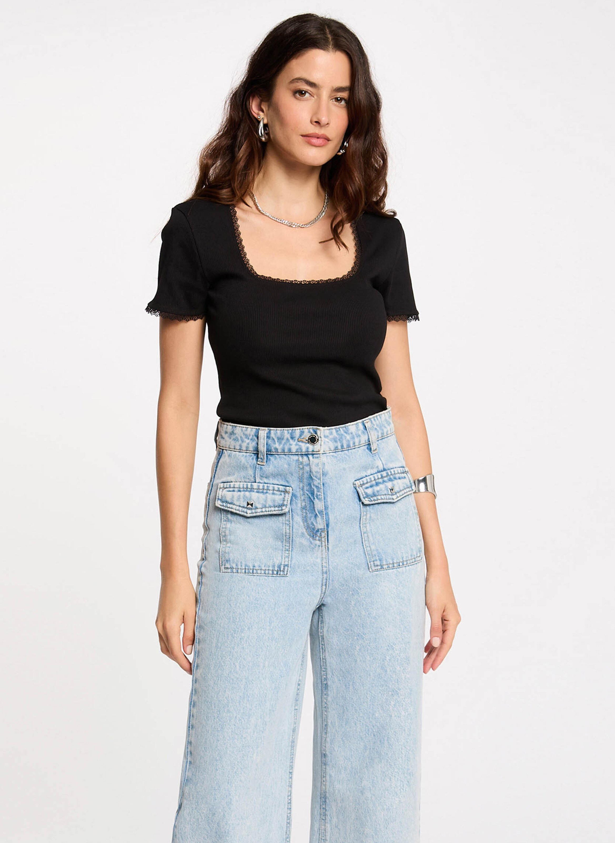 Tee-shirt dentelle en coton mélangé MORGAN Noir