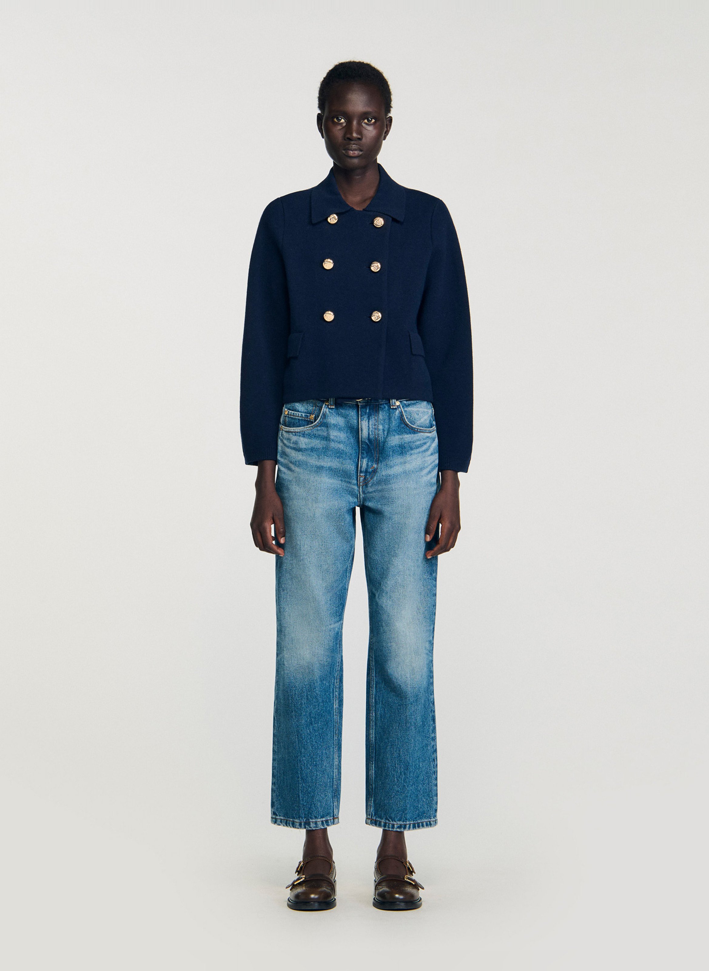 Veste droite boutonnée en laine SANDRO Bleu