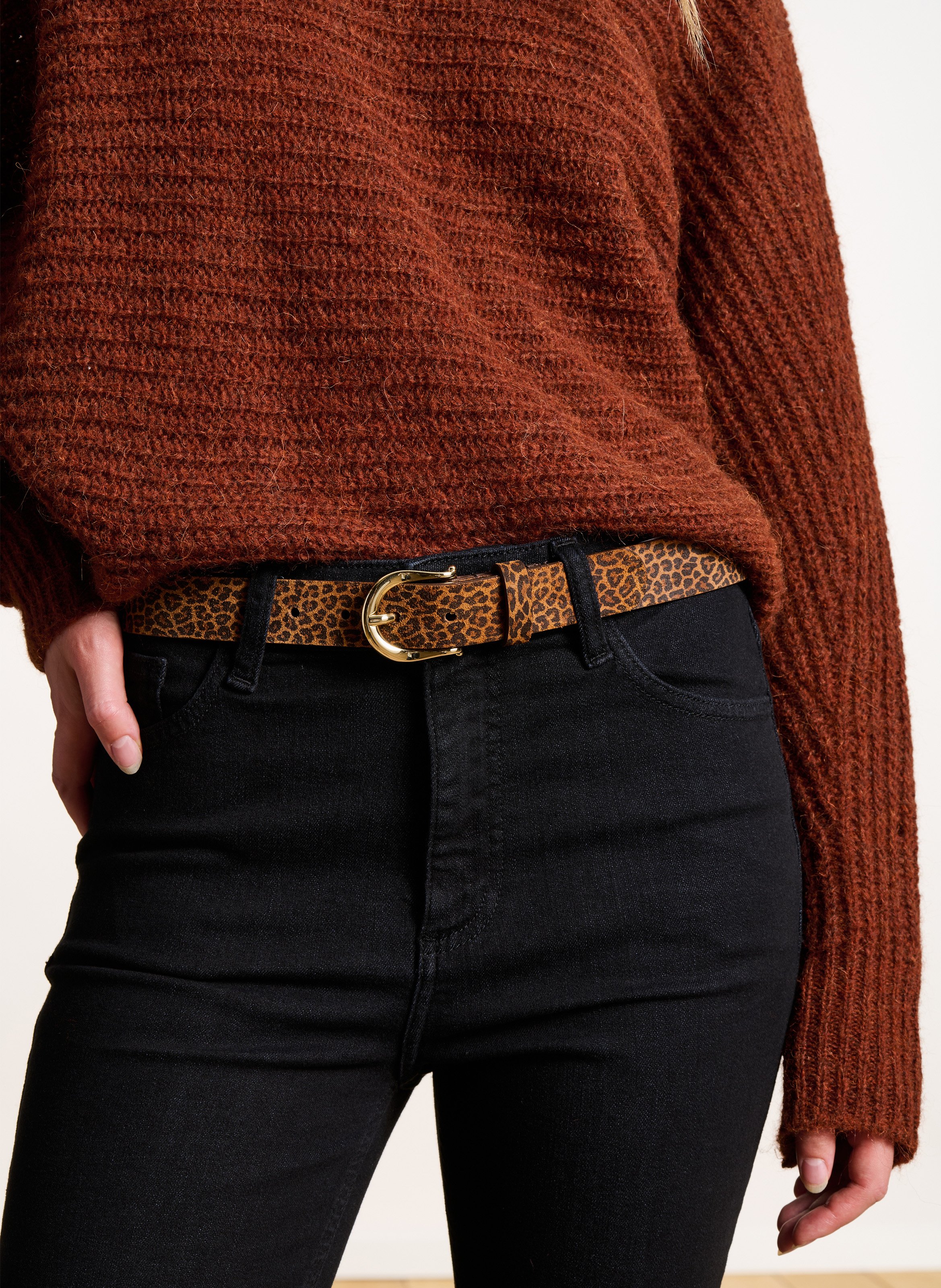 Ceinture à boucle effet léopard en cuir LA FEE MARABOUTEE Marron
