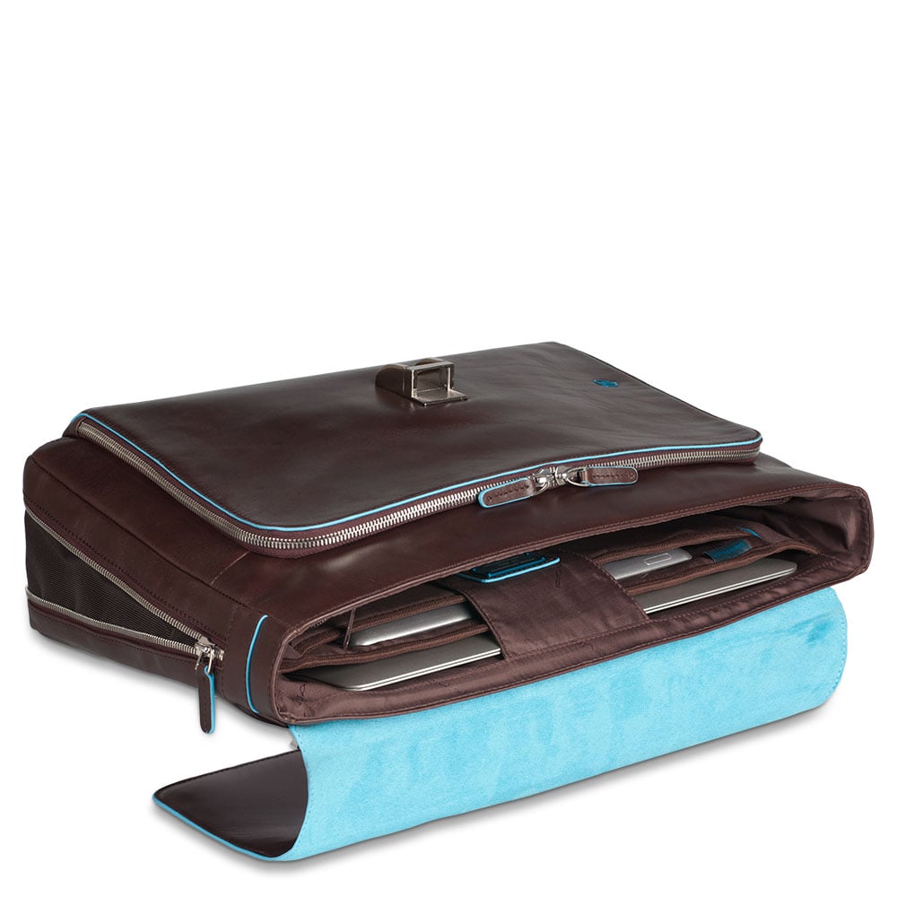 Expandable leather briefcase with flap PIQUADRO Brown