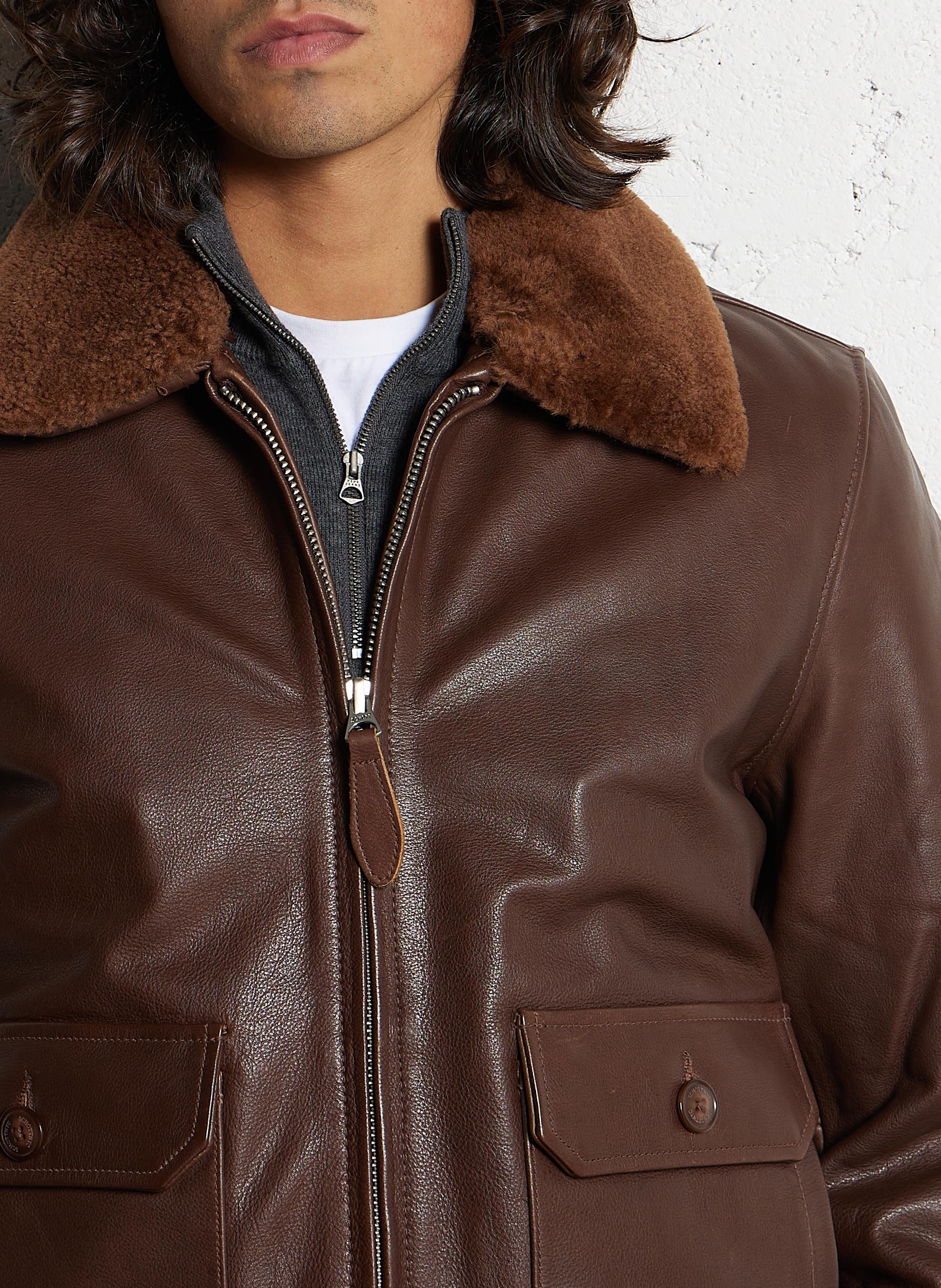 Blouson col classique en cuir SCHOTT Marron