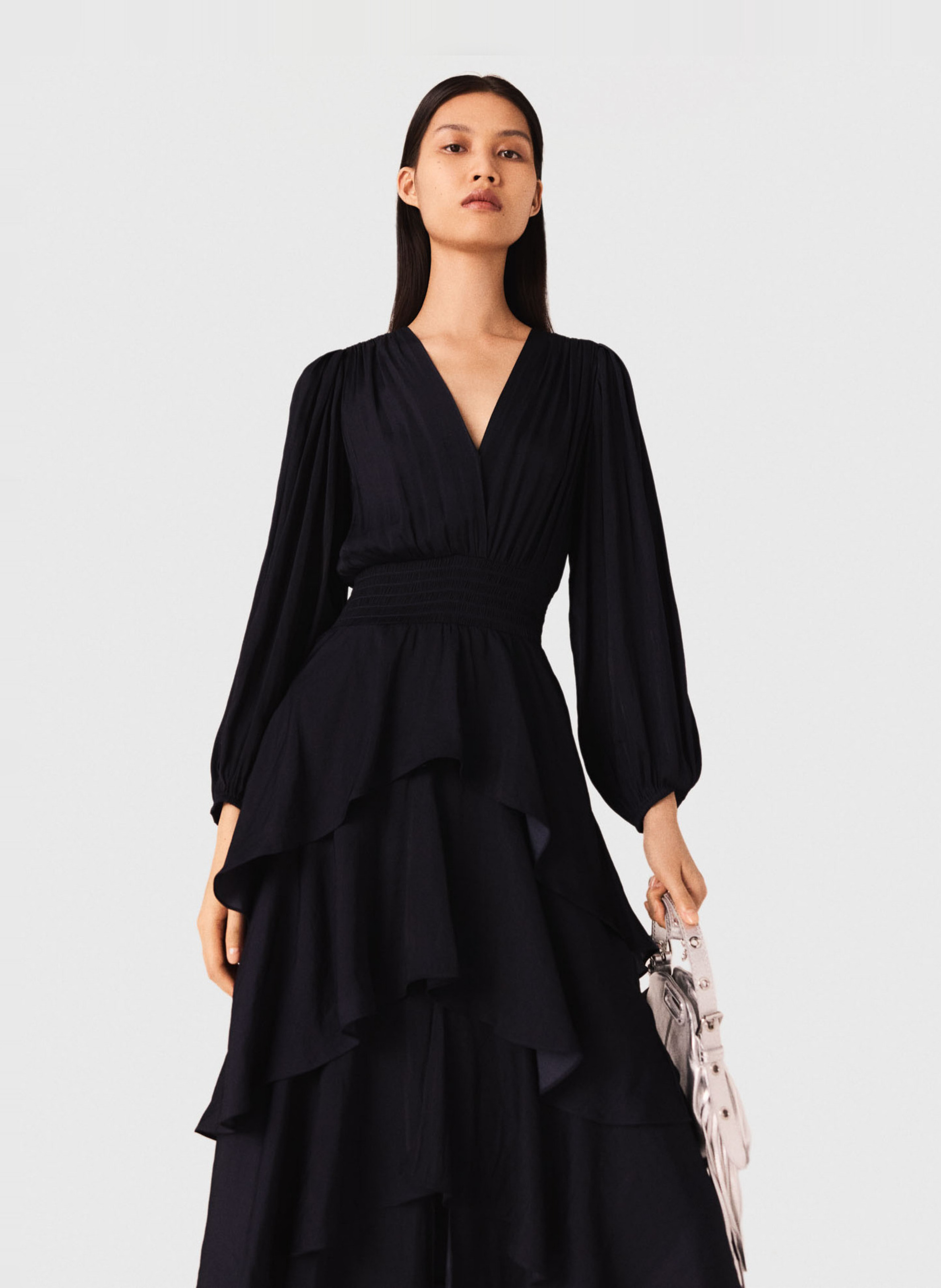 Robe longue col V à volants  MAJE Bleu