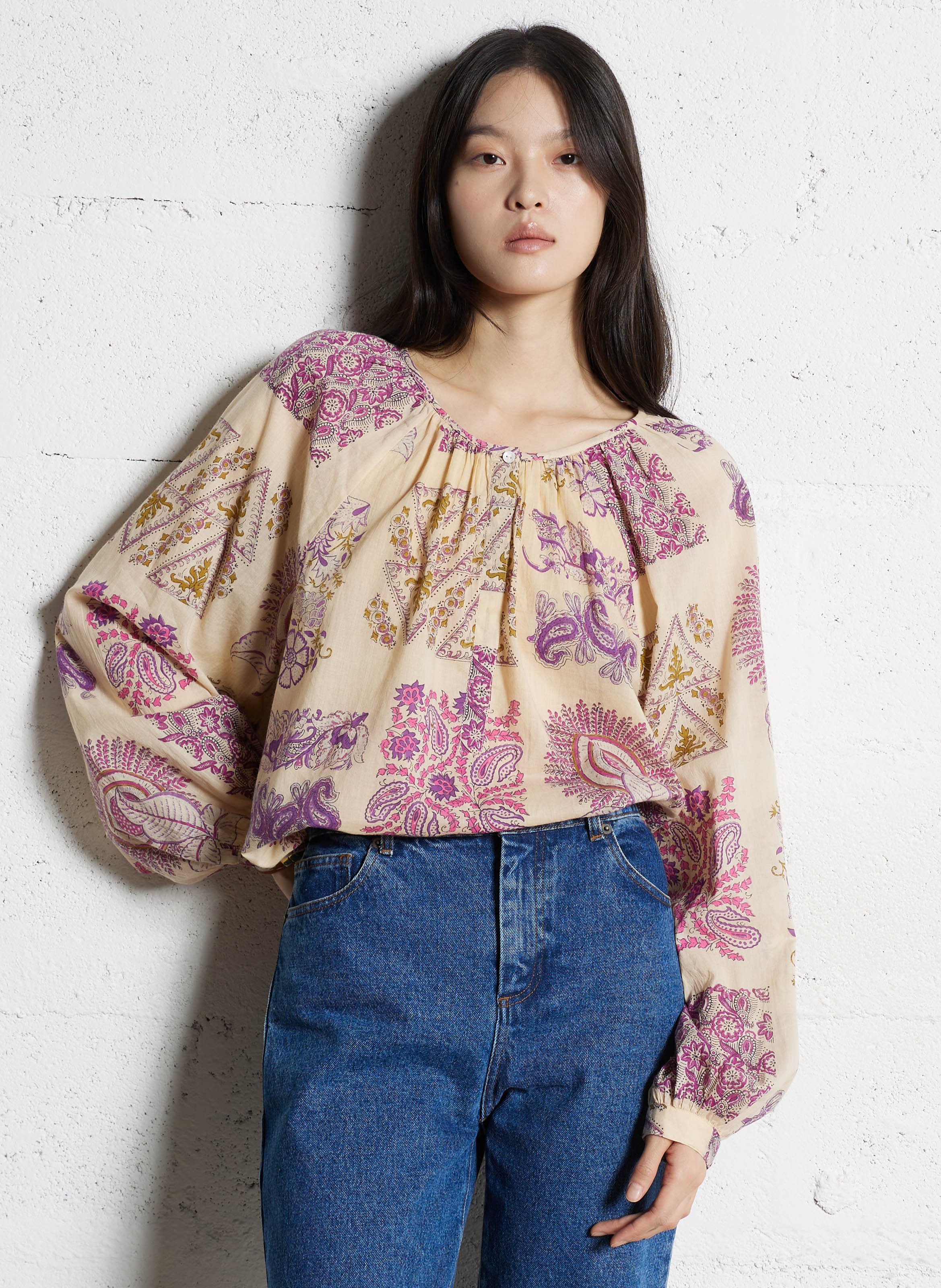 Ruimvallende, katoenen top met print ANTIK BATIK Beige