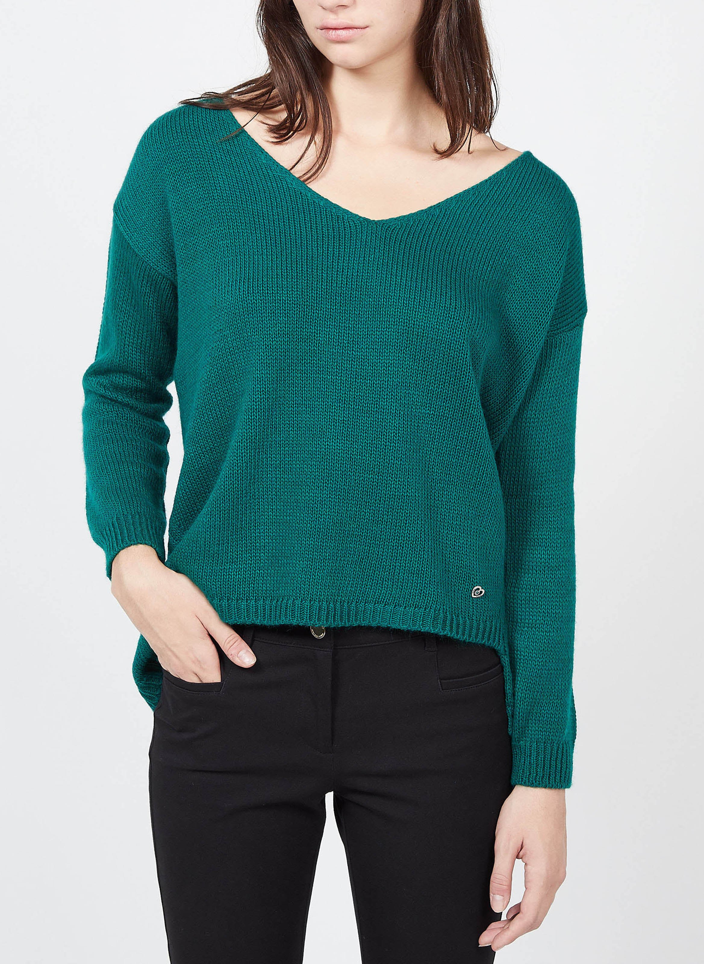 Mixed-knit V-neck sweater PLEASE Green