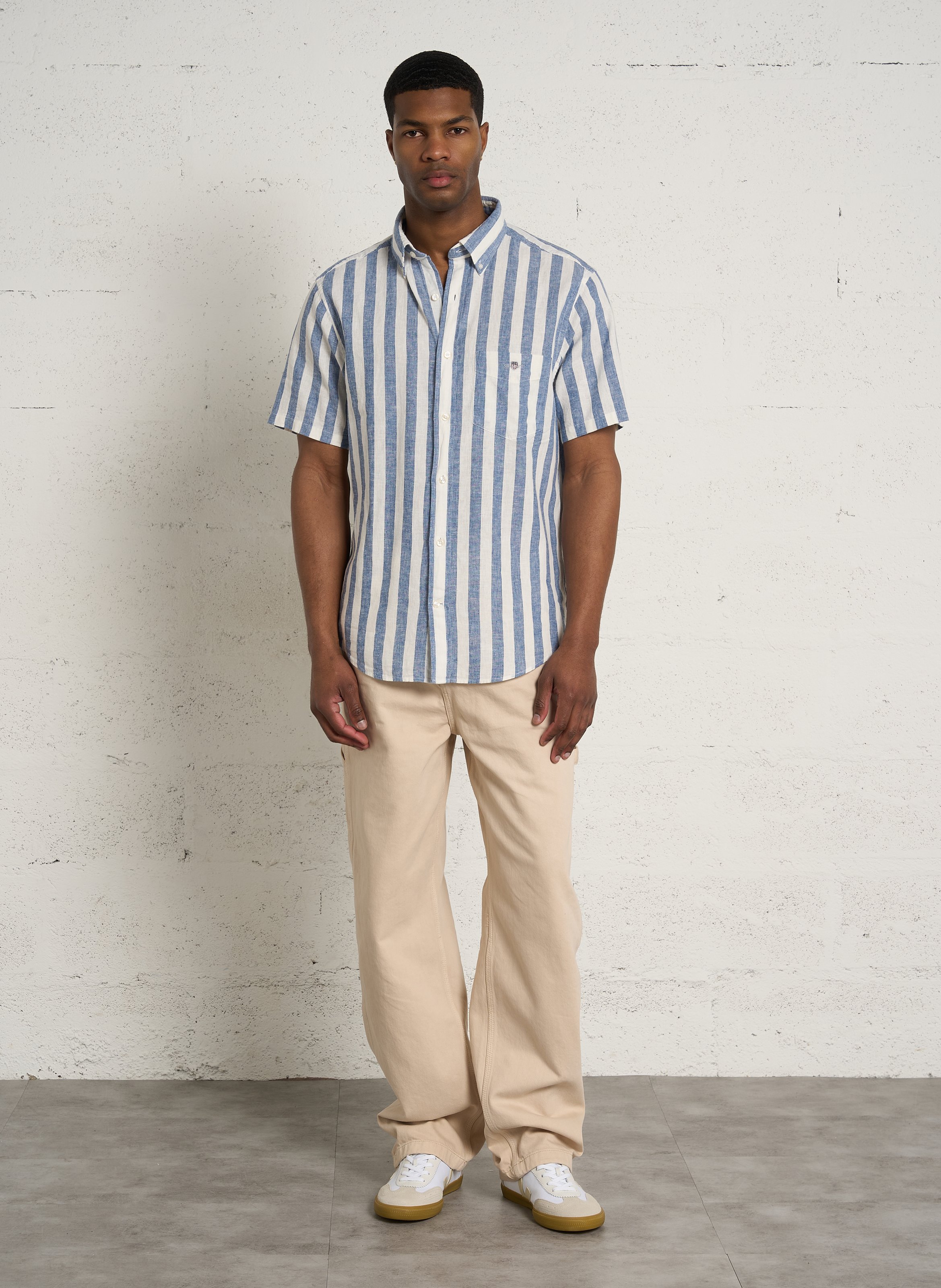 Chemise regular-fit col américain rayée en lin et coton GANT Bleu