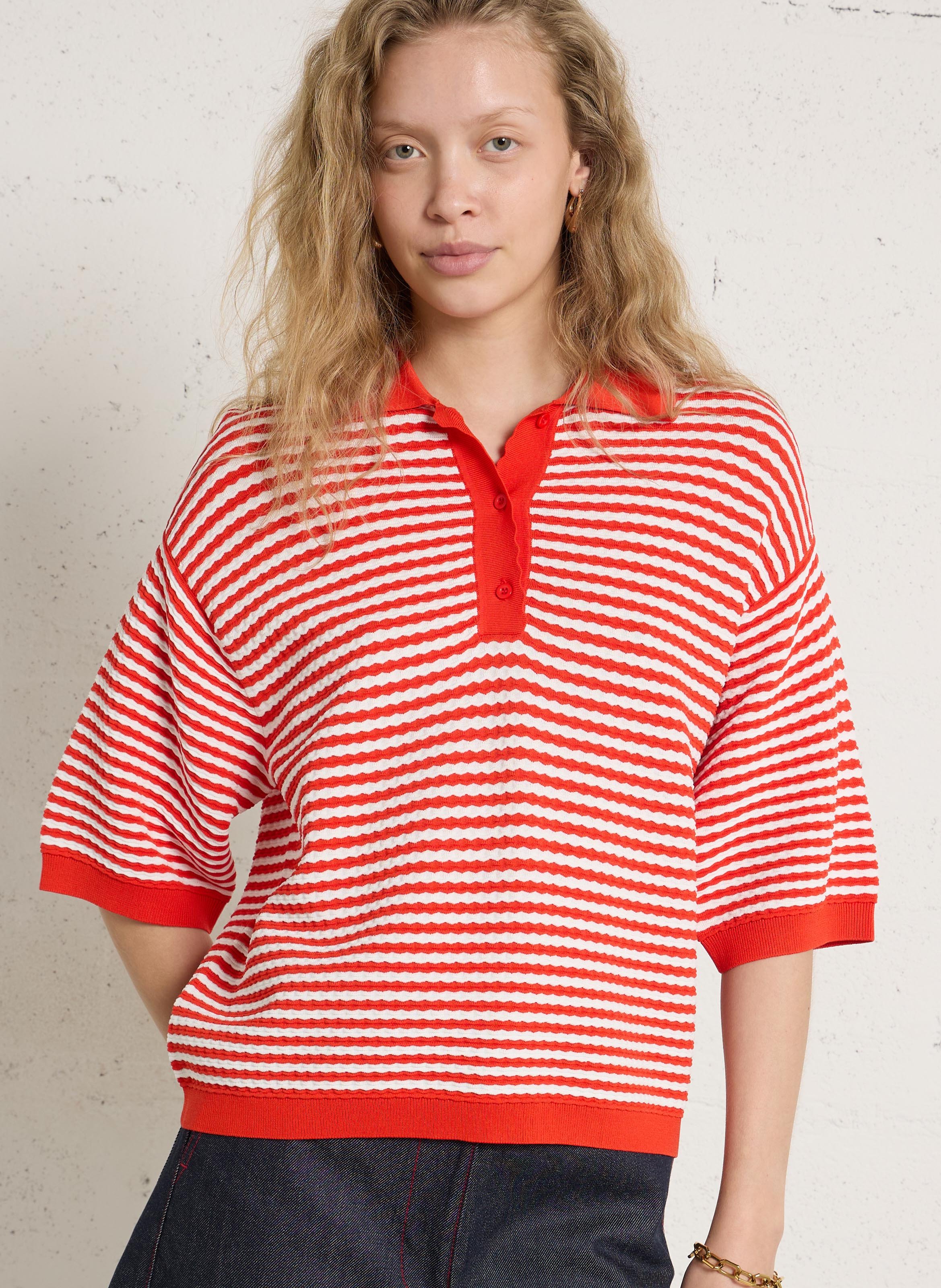 Short-sleeved striped knit polo STELLA NOVA Red