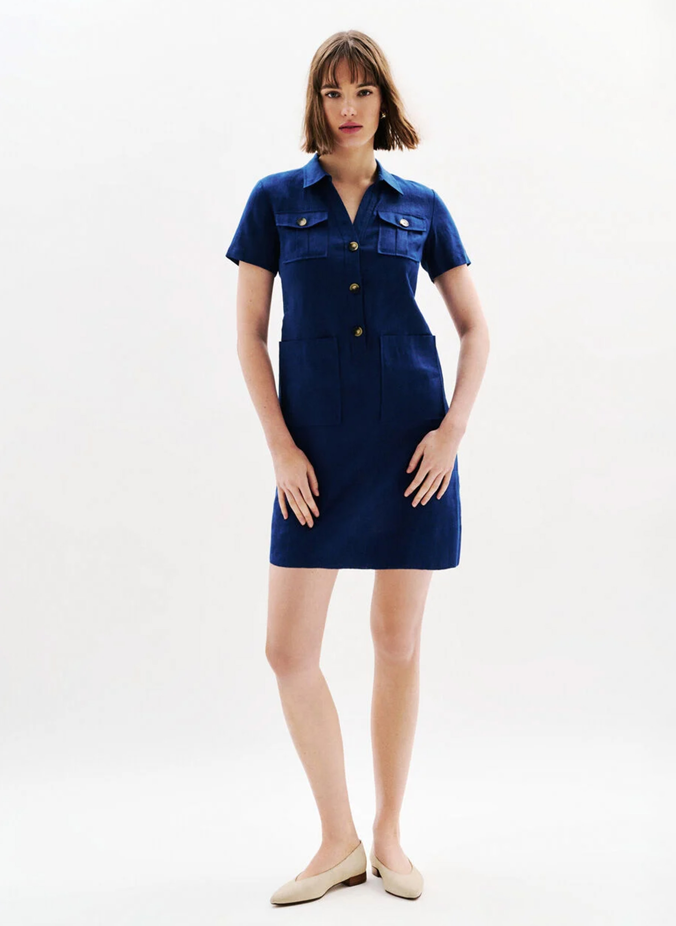 Korte, rechte, linnen jurk met knoopsluiting CAROLL Blauw