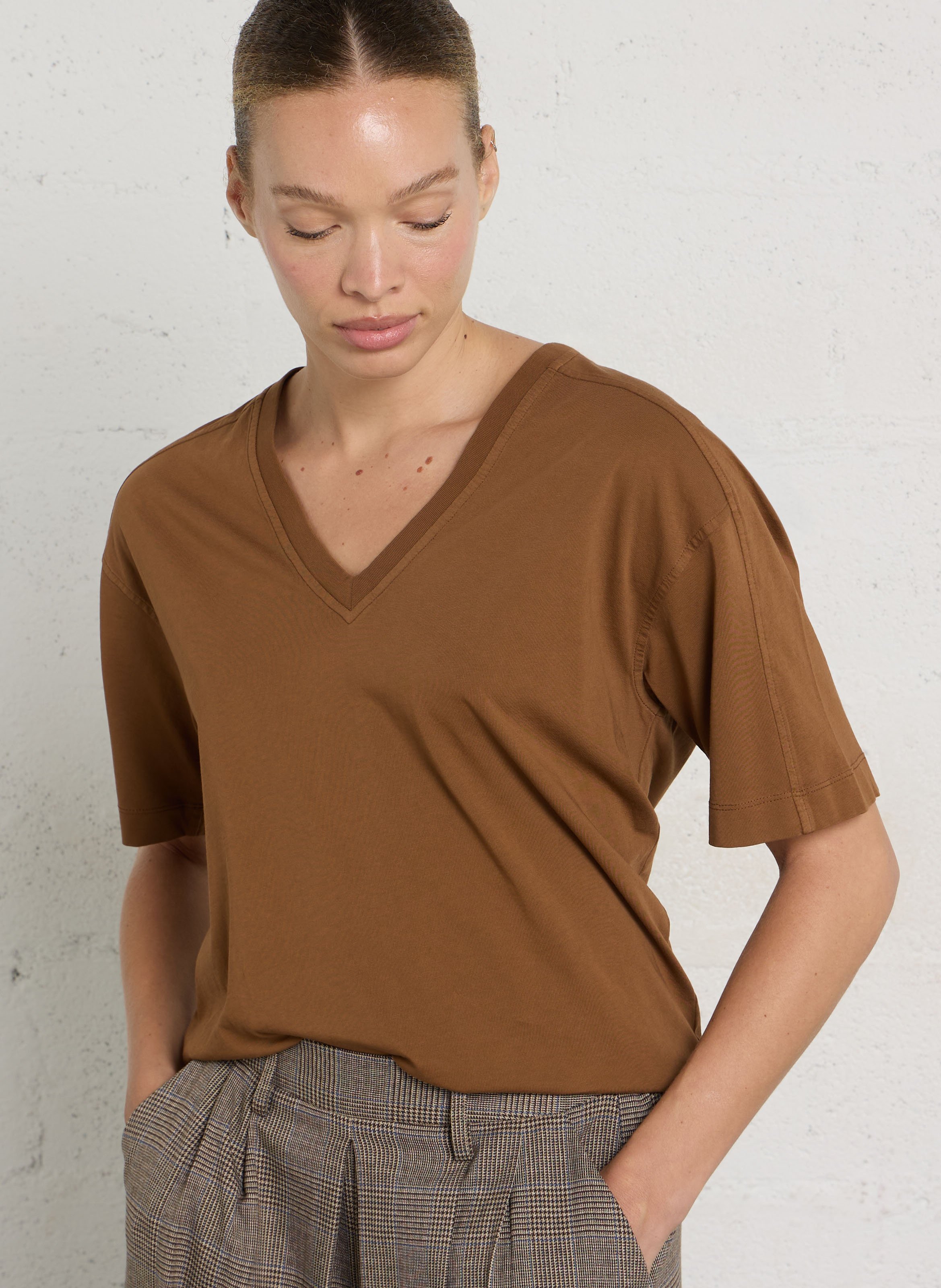 V-neck cotton T-shirt MAISON 123 Brown