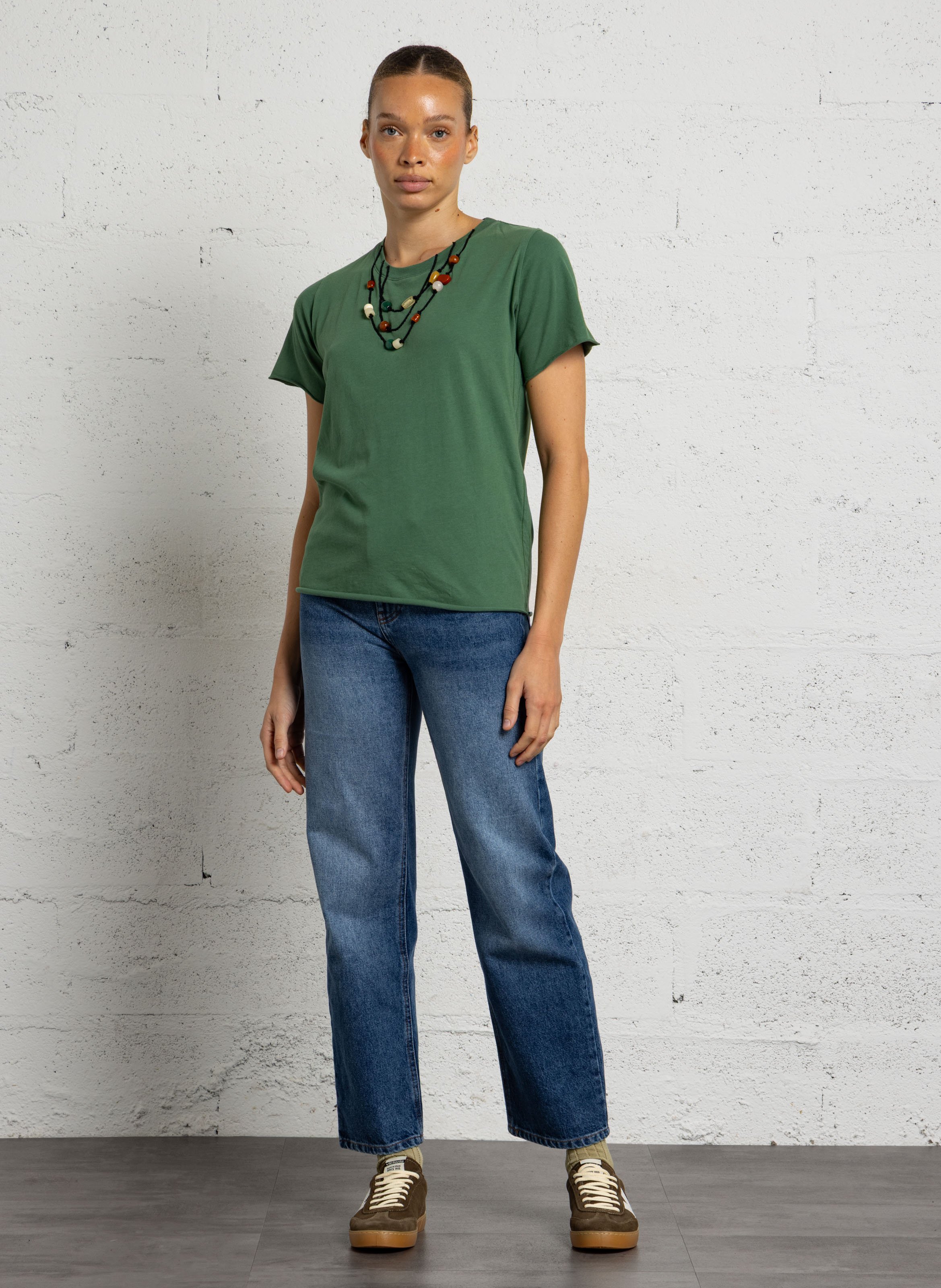 T-shirt with embroidered pearl details in organic cotton LEON & HARPER Green