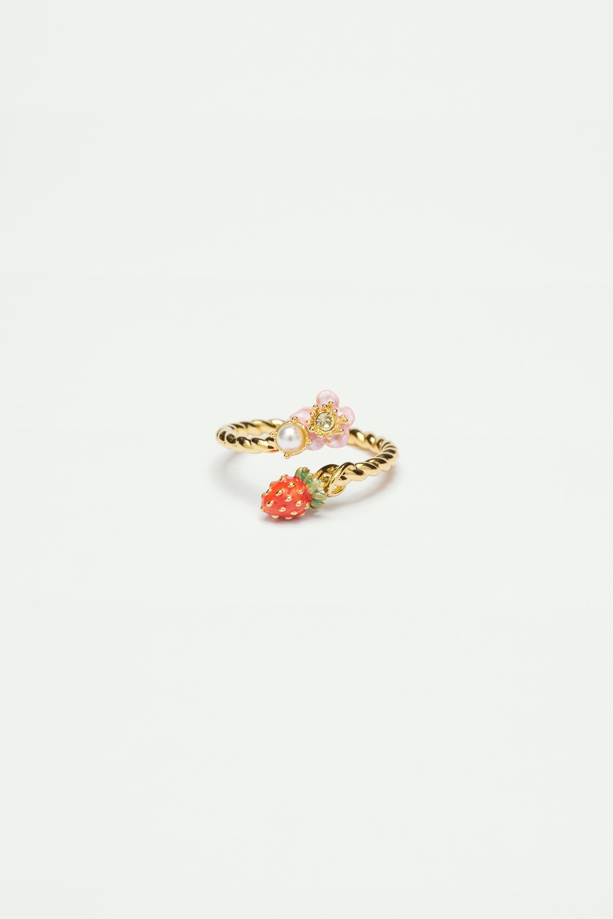 Wild strawberry and flower adjustable ring LES NEREIDES Multicolored