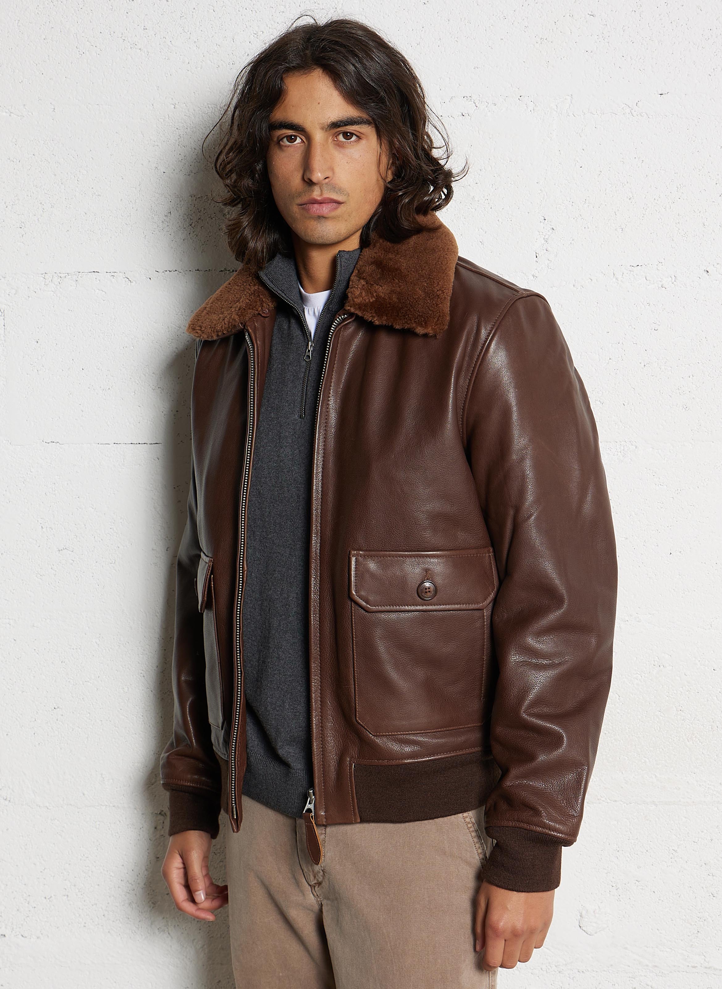 Blouson col classique en cuir SCHOTT Marron