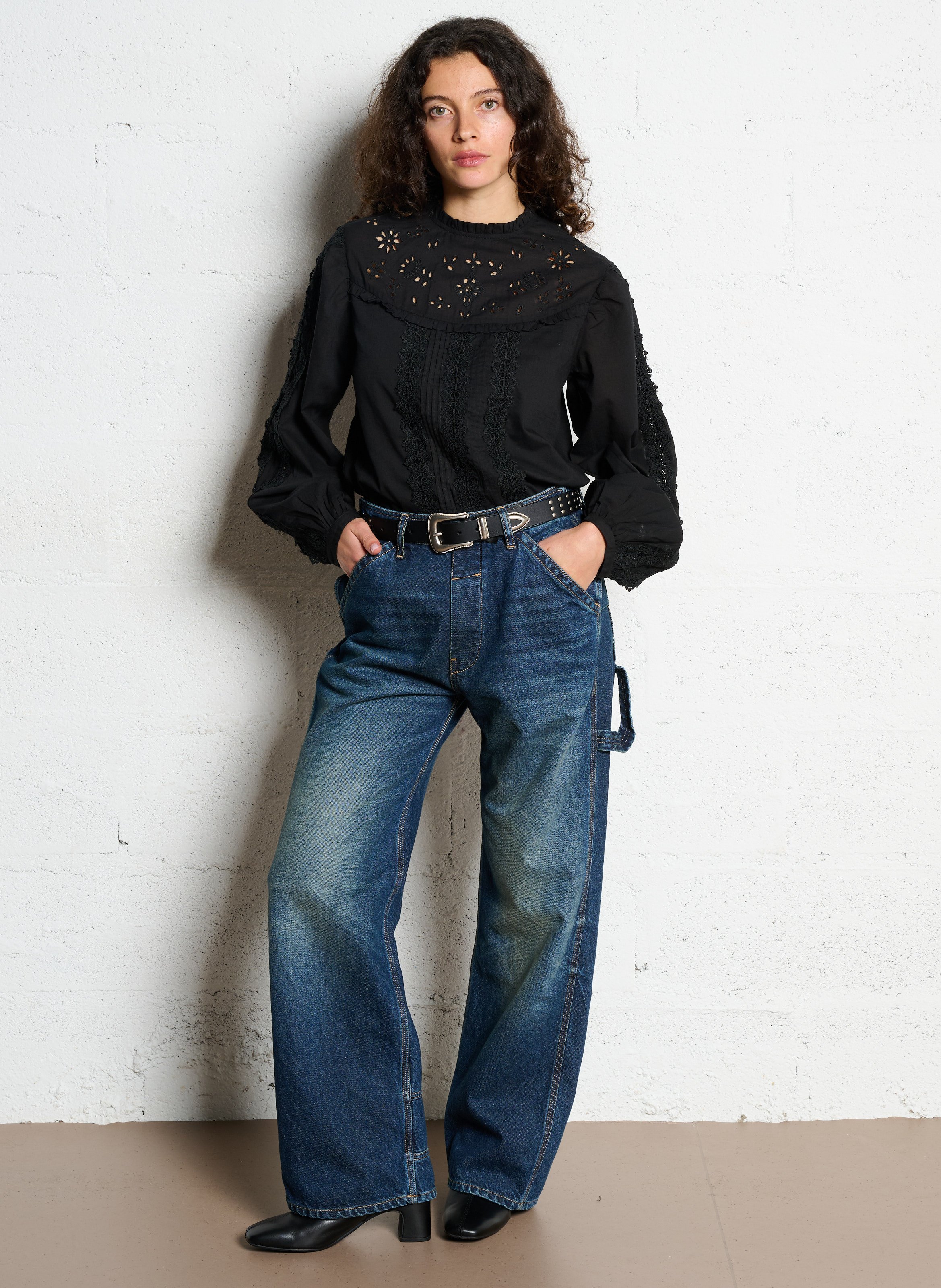 Blouse droite à broderie dentelle en coton THE NEW SOCIETY Noir