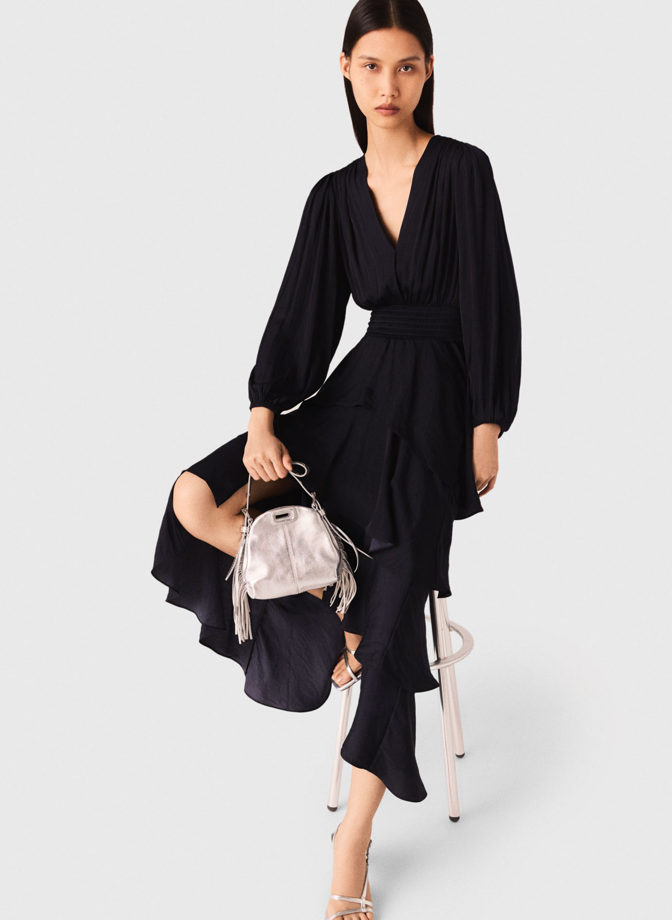 Robe longue col V à volants  MAJE Bleu