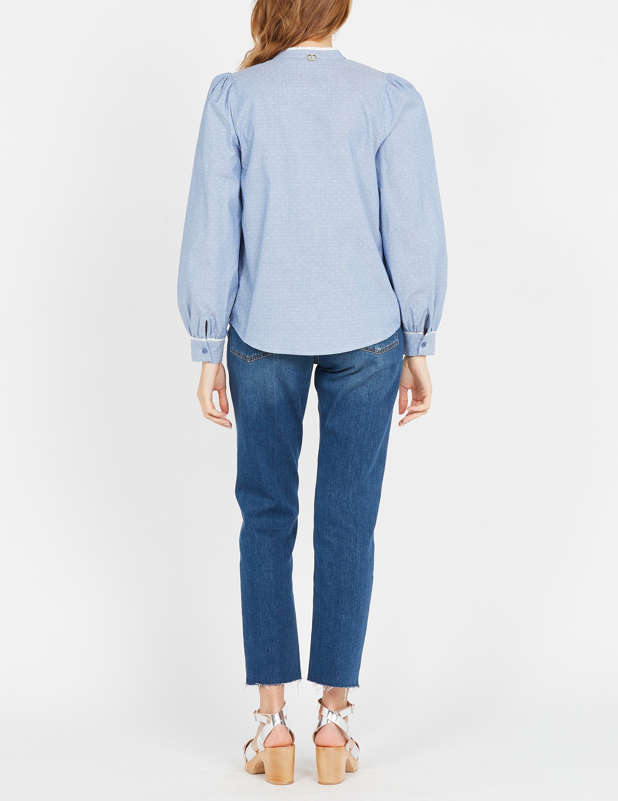 Cotton jacquard shirt with mandarin collar TWINSET Blue