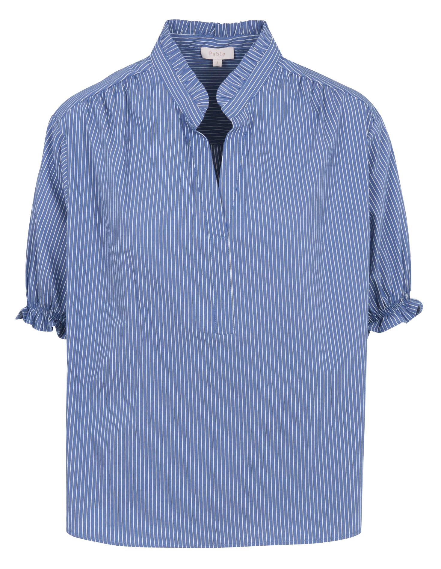 Blouse with high collar and ruffled details in blended cotton PABLO