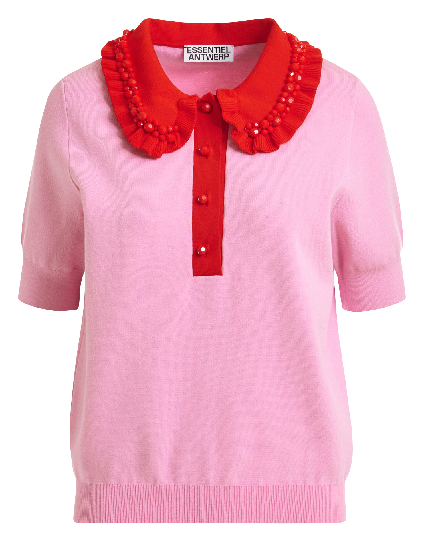Short-sleeved plain polo with ruffles ESSENTIEL ANTWERP Pink