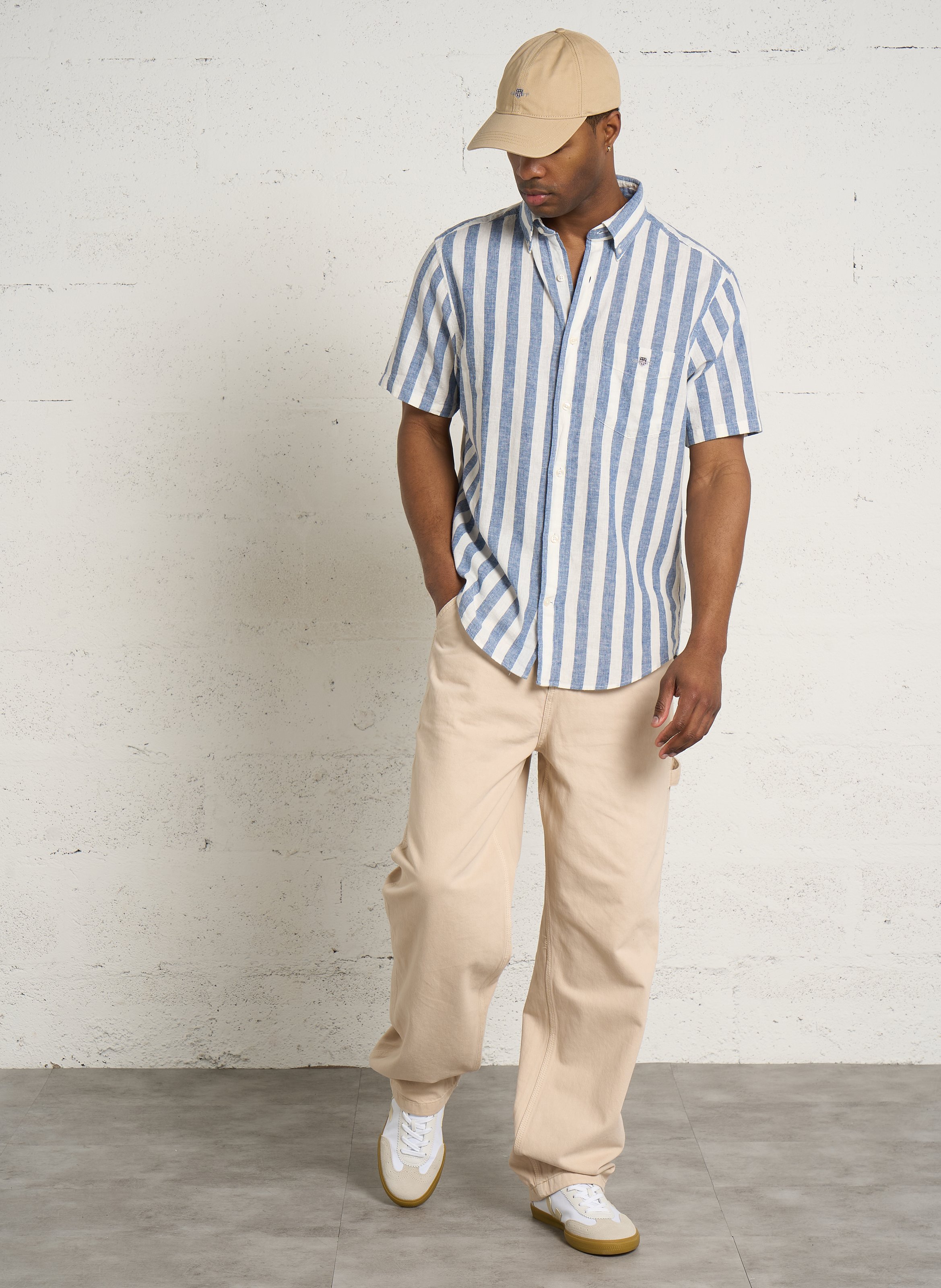 Chemise regular-fit col américain rayée en lin et coton GANT Bleu