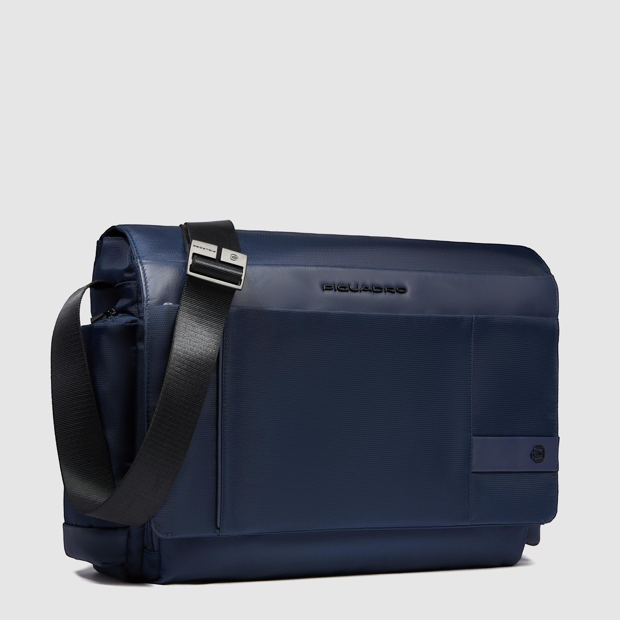 Courier bag for iPad® with mouse pocket, shock protection, and RFID. PIQUADRO Blue