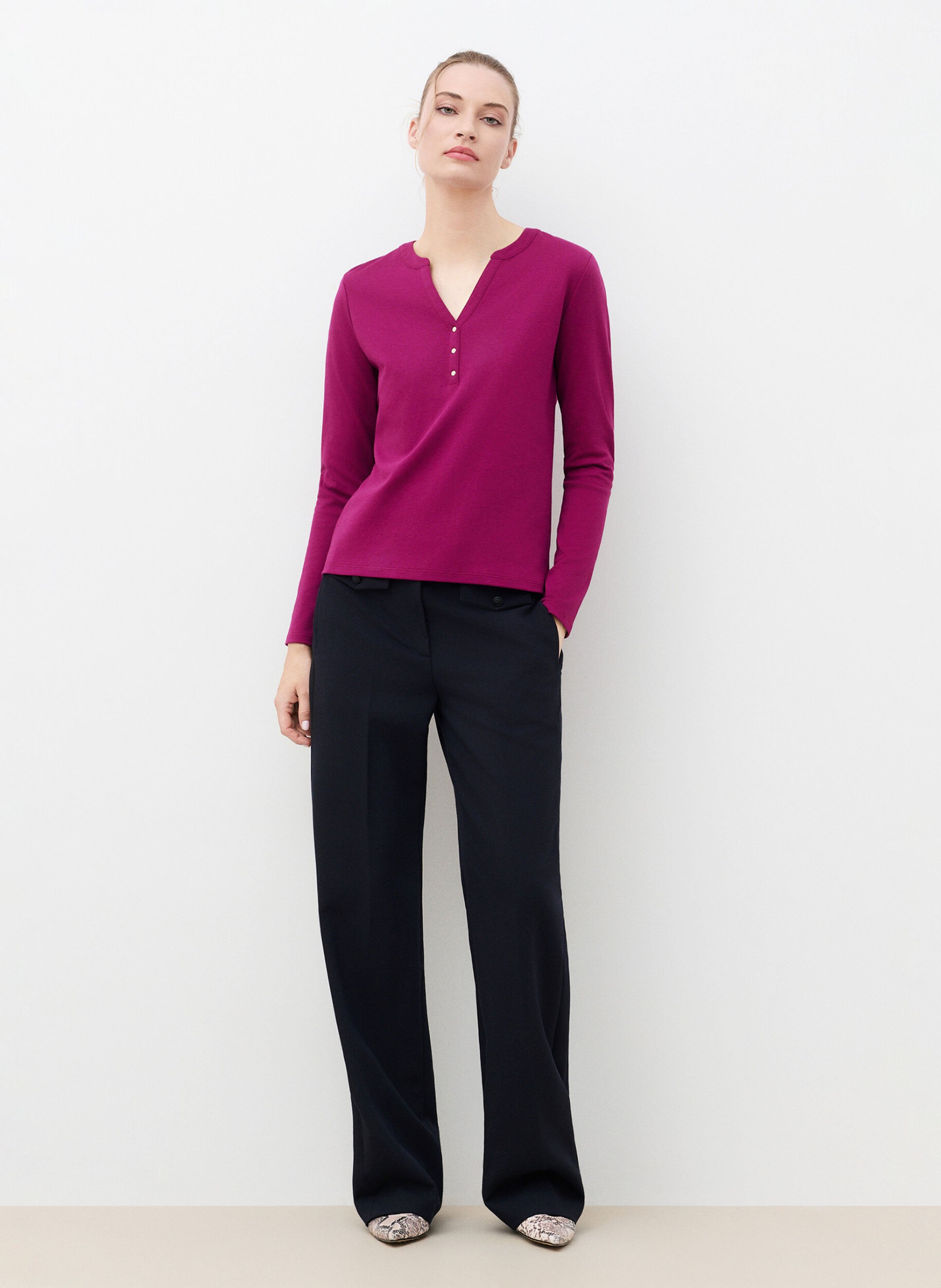 T-shirt met rechte tuniek kraag in effen kleur CAROLL Violet