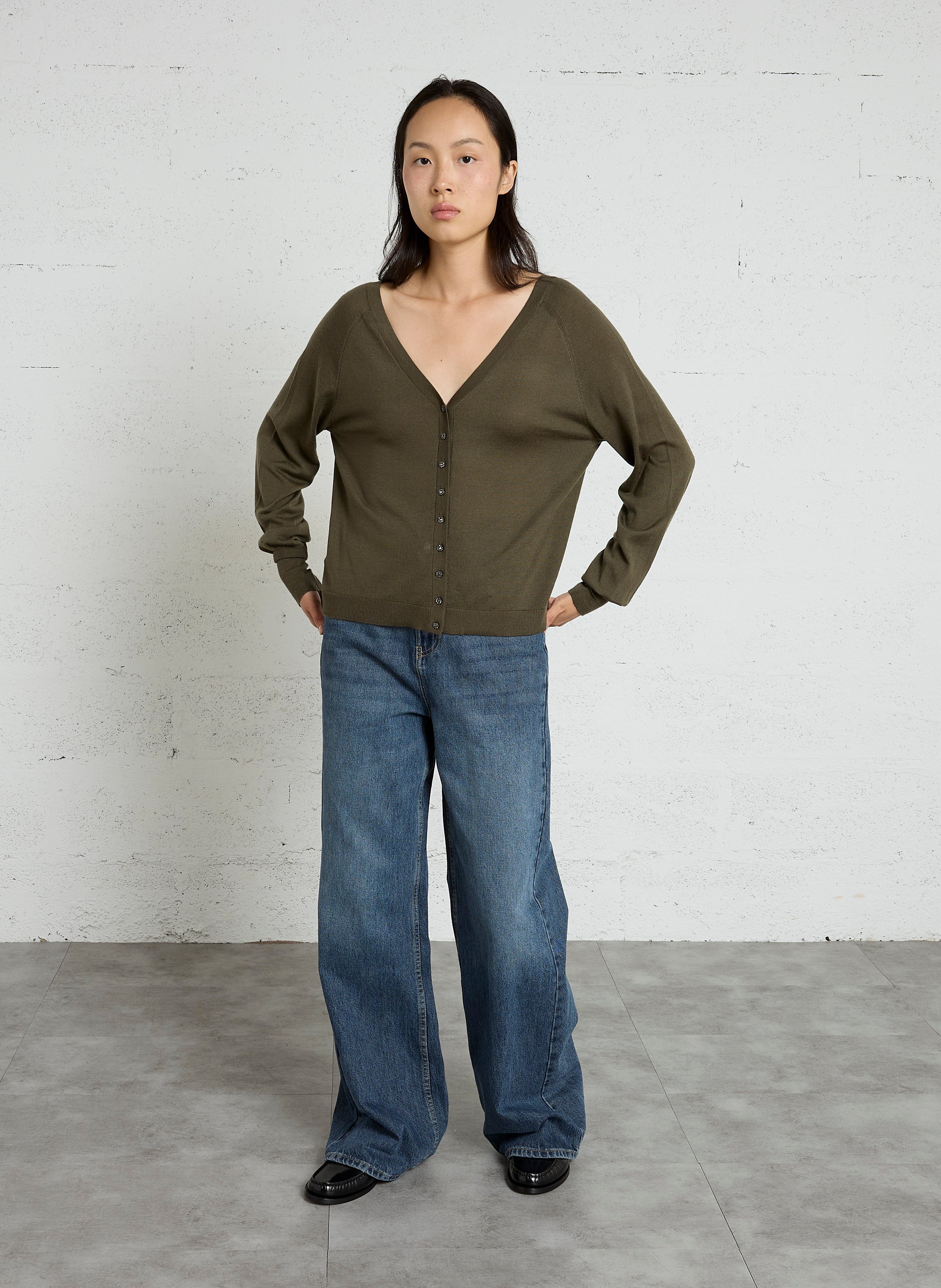 Pull droit col V en laine IKKS Kaki