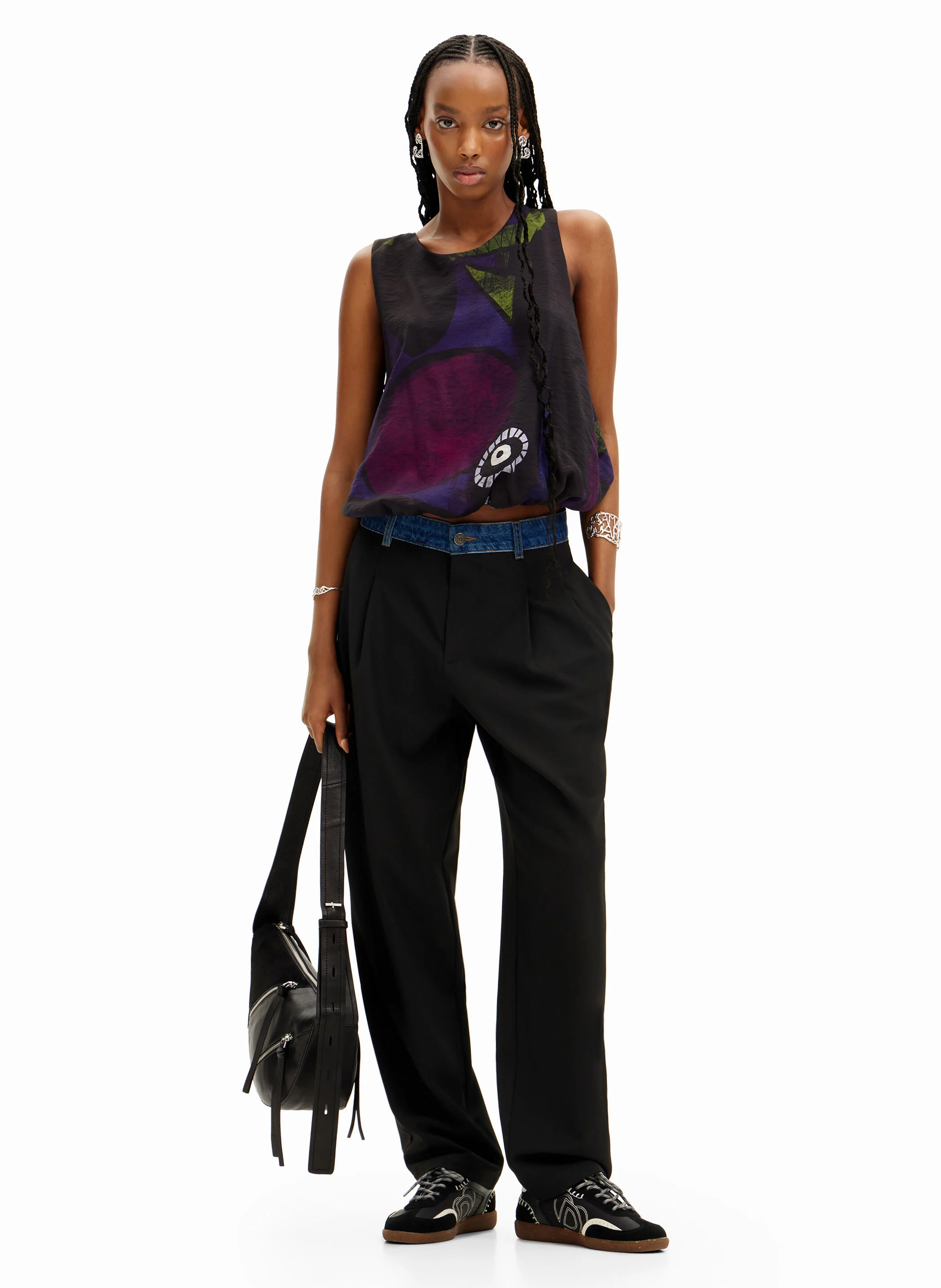 Top/Tunique Desigual Femme Taille S Noir Coton - Imprimé Papillons Et Broderies - Occasion Très Bon État