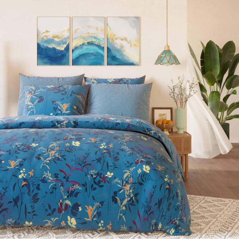 Duvet set "double-sided print" in combed cotton percale 80 threads/cm² for bed 140 to 160 COTON PUR Blue